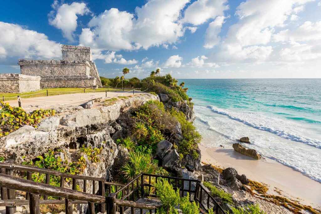 A view of Wind God temple next to the beach in Tulum, Mexico
