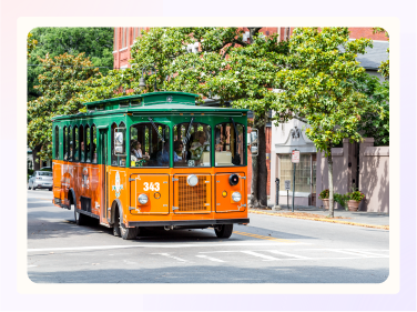 A  trolley bus brings guests to the wedding venue