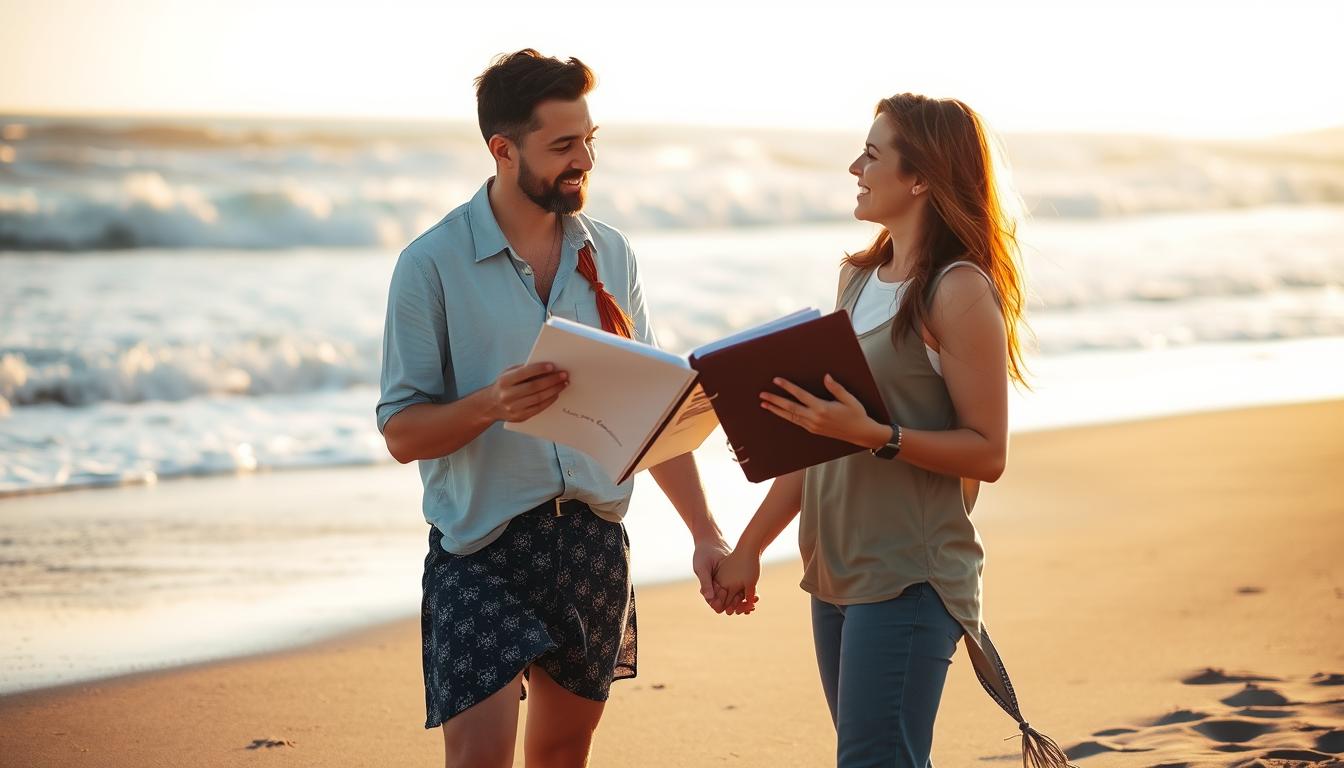 A serene beach setting, the warm sun casting a golden glow over the sand. In the foreground, a couple stand hand-in-hand, their faces filled with joy and anticipation as they plan the perfect beach proposal. The woman examines a binder filled with ideas, while her partner gazes adoringly, lost in the moment. In the background, the ocean waves crash gently, providing a soothing soundtrack to their romantic planning. The scene is captured through a soft, dreamy lens, emphasizing the intimate and personal nature of this special moment.