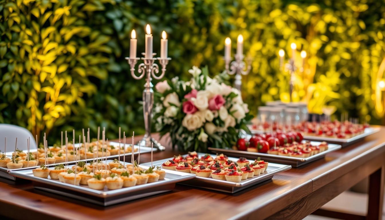 A beautifully curated engagement party catering spread, elegantly arranged on a long wooden table. In the foreground, an assortment of delectable hors d'oeuvres, artfully presented on silver trays - bite-sized delights that tantalize the palate. In the middle ground, a stunning centerpiece of fresh flowers and greenery, complemented by silver candelabras casting a warm, romantic glow. The background features a lush, verdant backdrop, perhaps an indoor garden or a cozy, rustic setting, creating an inviting and intimate atmosphere. The lighting is soft and flattering, accentuating the textures and colors of the catering, and drawing the viewer's eye to the delectable spread. Overall, the scene exudes a sense of sophisticated elegance and attention to detail, perfectly capturing the essence of exceptional engagement party catering. A beautifully curated engagement party catering spread, elegantly arranged on a long wooden table. In the foreground, an assortment of delectable hors d'oeuvres, artfully presented on silver trays - bite-sized delights that tantalize the palate. In the middle ground, a stunning centerpiece of fresh flowers and greenery, complemented by silver candelabras casting a warm, romantic glow. The background features a lush, verdant backdrop, perhaps an indoor garden or a cozy, rustic setting, creating an inviting and intimate atmosphere. The lighting is soft and flattering, accentuating the textures and colors of the catering, and drawing the viewer's eye to the delectable spread. Overall, the scene exudes a sense of sophisticated elegance and attention to detail, perfectly capturing the essence of exceptional engagement party catering.