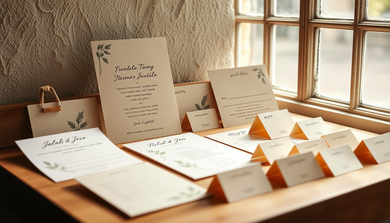 A beautifully designed suite of eco-friendly engagement party stationery, featuring handcrafted paper in muted earth tones and botanical illustrations. The invitation is a minimalist letterpress card with subtle calligraphy, set against a soft, textured background. Matching RSVP cards, information cards, and place cards are arranged neatly, conveying a sense of rustic elegance. Soft, natural lighting from a large window casts a warm glow, highlighting the tactile quality of the materials. The overall composition exudes a serene, organic ambiance, reflecting the couple's commitment to sustainability.