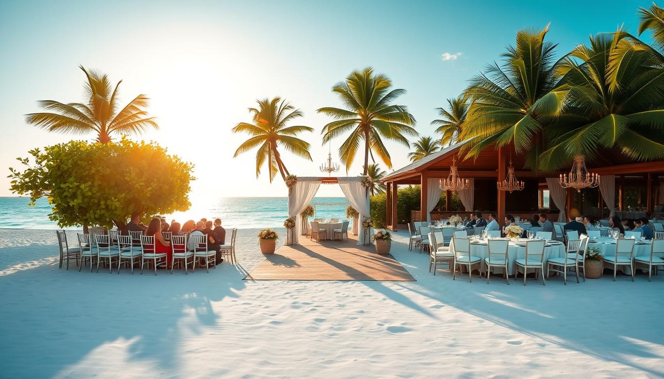 A breathtaking luxury beach wedding venue, with white sand stretching out to meet crystal-clear turquoise waters. In the foreground, a stunning outdoor ceremony site adorned with lush tropical foliage and elegant white fabric drapes, bathed in soft golden light. Guests are seated on pristine white chairs, facing an ornate wooden arch framing the azure horizon. In the middle ground, a grand open-air reception area features opulent chandeliers, polished wooden floors, and tables set with gleaming silverware and fine china. The background showcases towering palm trees swaying gently in the ocean breeze, creating a serene and secluded atmosphere perfect for an unforgettable luxury beach wedding. A breathtaking luxury beach wedding venue, with white sand stretching out to meet crystal-clear turquoise waters. In the foreground, a stunning outdoor ceremony site adorned with lush tropical foliage and elegant white fabric drapes, bathed in soft golden light. Guests are seated on pristine white chairs, facing an ornate wooden arch framing the azure horizon. In the middle ground, a grand open-air reception area features opulent chandeliers, polished wooden floors, and tables set with gleaming silverware and fine china. The background showcases towering palm trees swaying gently in the ocean breeze, creating a serene and secluded atmosphere perfect for an unforgettable luxury beach wedding.