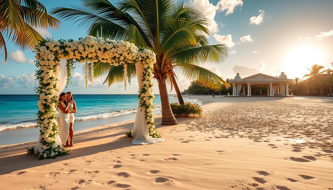 A breathtaking tropical beach setting, with azure waters lapping at the soft, golden sands. In the foreground, a luxurious wedding arch adorned with cascading white flowers and greenery, casting delicate shadows on the ground. Couples posing for photos, their elegant attire and joyful expressions reflecting the magical ambiance. In the middle ground, an ornate beachfront pavilion with high ceilings and grand chandeliers, hosting an opulent reception. In the background, a lush, palm-lined horizon, with the sun casting a warm, golden glow across the scene. The entire composition exudes a sense of effortless elegance, romance, and the perfect blend of nature and luxury. A breathtaking tropical beach setting, with azure waters lapping at the soft, golden sands. In the foreground, a luxurious wedding arch adorned with cascading white flowers and greenery, casting delicate shadows on the ground. Couples posing for photos, their elegant attire and joyful expressions reflecting the magical ambiance. In the middle ground, an ornate beachfront pavilion with high ceilings and grand chandeliers, hosting an opulent reception. In the background, a lush, palm-lined horizon, with the sun casting a warm, golden glow across the scene. The entire composition exudes a sense of effortless elegance, romance, and the perfect blend of nature and luxury.