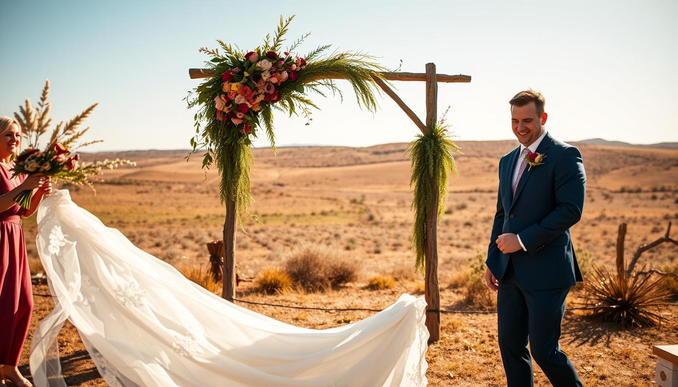 A bright, sun-drenched Texas wedding scene. In the foreground, a bride's elegant white dress adorned with delicate lace and embroidery, flowing gracefully as she moves. Behind her, a groom in a crisp, tailored suit in a rich, deep blue hue, complemented by a boutonniere of vibrant wildflowers. In the middle ground, a rustic wooden arch draped with cascading greenery and blooms in warm, earthy tones. In the background, a vast, open landscape of rolling hills and a cloudless azure sky, bathed in the golden glow of the Texas sun. The overall mood is one of joyful celebration, reflecting the distinct style and culture of a Texas wedding. A bright, sun-drenched Texas wedding scene. In the foreground, a bride's elegant white dress adorned with delicate lace and embroidery, flowing gracefully as she moves. Behind her, a groom in a crisp, tailored suit in a rich, deep blue hue, complemented by a boutonniere of vibrant wildflowers. In the middle ground, a rustic wooden arch draped with cascading greenery and blooms in warm, earthy tones. In the background, a vast, open landscape of rolling hills and a cloudless azure sky, bathed in the golden glow of the Texas sun. The overall mood is one of joyful celebration, reflecting the distinct style and culture of a Texas wedding.