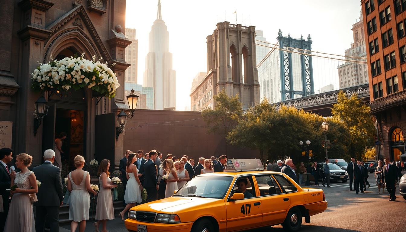 A bustling city street in New York during wedding season, with couples and guests spilling out of a charming, historic church. The warm, golden light of a late afternoon sun casts a romantic glow on the scene, illuminating the ornate architecture and blooming floral arrangements adorning the entryway. In the foreground, a lively crowd mingles, the women in elegant dresses and the men in crisp suits, carrying wedding gifts and chatting excitedly. In the middle ground, a classic yellow taxi waits at the curb, its passengers hurrying to join the celebration. The background is a blend of towering skyscrapers and the iconic Brooklyn Bridge, hinting at the vibrant energy of the city. The overall atmosphere evokes the excitement and joyous spirit of a New York wedding during the most beautiful time of year. A bustling city street in New York during wedding season, with couples and guests spilling out of a charming, historic church. The warm, golden light of a late afternoon sun casts a romantic glow on the scene, illuminating the ornate architecture and blooming floral arrangements adorning the entryway. In the foreground, a lively crowd mingles, the women in elegant dresses and the men in crisp suits, carrying wedding gifts and chatting excitedly. In the middle ground, a classic yellow taxi waits at the curb, its passengers hurrying to join the celebration. The background is a blend of towering skyscrapers and the iconic Brooklyn Bridge, hinting at the vibrant energy of the city. The overall atmosphere evokes the excitement and joyous spirit of a New York wedding during the most beautiful time of year.