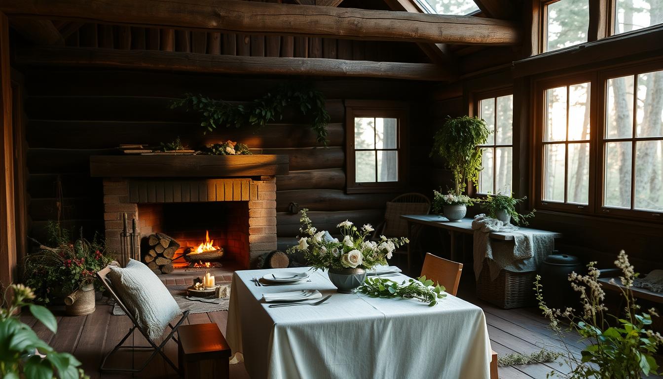 A cozy cabin nestled in the heart of a rustic forest, surrounded by weathered wood and earthy hues. A crackling fireplace casts a warm glow, illuminating a simple yet elegant table setting for two. Delicate wildflowers and lush greenery adorn the space, creating an intimate, romantic atmosphere. Soft natural light filters through the large windows, casting a dreamy, golden-hour ambiance. The entire scene evokes a sense of adventure, solitude, and a deep connection between the couple. A rustic elopement setting that is both charming and picturesque. A cozy cabin nestled in the heart of a rustic forest, surrounded by weathered wood and earthy hues. A crackling fireplace casts a warm glow, illuminating a simple yet elegant table setting for two. Delicate wildflowers and lush greenery adorn the space, creating an intimate, romantic atmosphere. Soft natural light filters through the large windows, casting a dreamy, golden-hour ambiance. The entire scene evokes a sense of adventure, solitude, and a deep connection between the couple. A rustic elopement setting that is both charming and picturesque.
