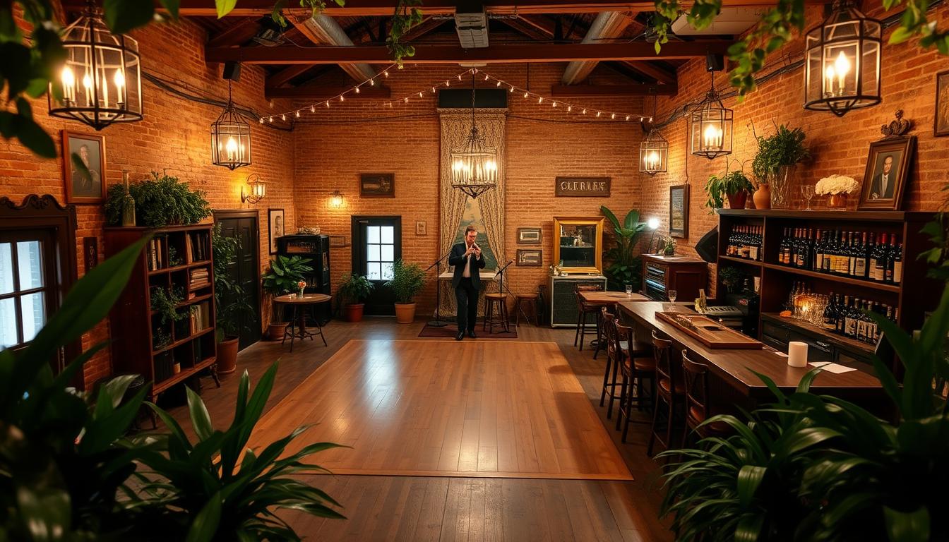 A cozy, intimate wedding venue in New York City, with a warm, inviting atmosphere. The venue features a rustic, exposed-brick interior, softly lit by a mix of chandeliers and string lights. In the center, a large wooden dance floor invites guests to sway to the rhythms of a live jazz band on the stage. The bar, adorned with vintage-inspired decor, offers a selection of craft cocktails and locally sourced wines for a BYOB experience. Lush greenery and potted plants frame the scene, creating a serene, garden-like ambiance. Couples can personalize the space with their own decorations, making it the perfect setting for a memorable, flexible wedding celebration. A cozy, intimate wedding venue in New York City, with a warm, inviting atmosphere. The venue features a rustic, exposed-brick interior, softly lit by a mix of chandeliers and string lights. In the center, a large wooden dance floor invites guests to sway to the rhythms of a live jazz band on the stage. The bar, adorned with vintage-inspired decor, offers a selection of craft cocktails and locally sourced wines for a BYOB experience. Lush greenery and potted plants frame the scene, creating a serene, garden-like ambiance. Couples can personalize the space with their own decorations, making it the perfect setting for a memorable, flexible wedding celebration.