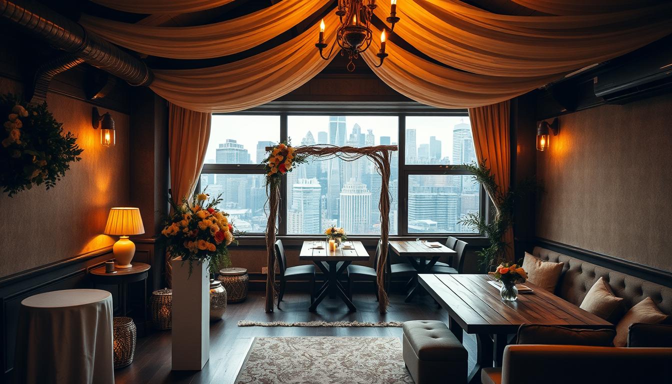 A cozy, intimate wedding venue nestled in the heart of New York City, with warm lighting and soft textures creating a romantic ambiance. The foreground features a beautifully decorated ceremony space, with elegant floral arrangements and a wooden arch framing the scenic view. In the middle ground, a charming reception area with rustic wooden tables and plush seating invites guests to gather and celebrate. The background showcases the iconic skyline of New York, providing a breathtaking backdrop for the special occasion. The overall scene evokes a sense of timeless elegance and invites the viewer to imagine the perfect elopement celebration in this captivating setting. A cozy, intimate wedding venue nestled in the heart of New York City, with warm lighting and soft textures creating a romantic ambiance. The foreground features a beautifully decorated ceremony space, with elegant floral arrangements and a wooden arch framing the scenic view. In the middle ground, a charming reception area with rustic wooden tables and plush seating invites guests to gather and celebrate. The background showcases the iconic skyline of New York, providing a breathtaking backdrop for the special occasion. The overall scene evokes a sense of timeless elegance and invites the viewer to imagine the perfect elopement celebration in this captivating setting.