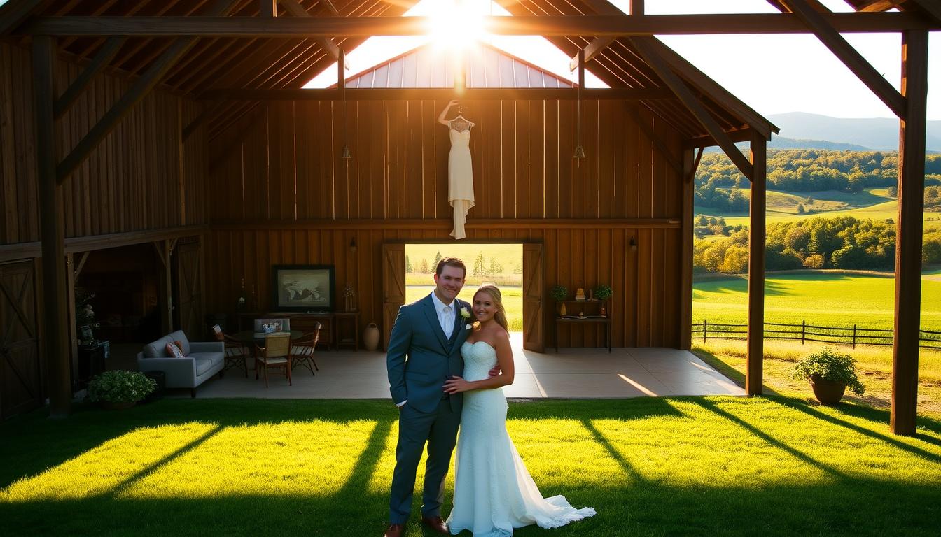 A cozy upstate New York barn with rustic wooden beams, surrounded by lush green fields and rolling hills. The venue is bathed in warm, golden afternoon sunlight, casting a soft glow over the scene. In the foreground, a couple poses happily, their casual yet elegant wedding attire complementing the venue's charming, budget-friendly ambiance. The background features a picturesque landscape, with a distant mountain range visible on the horizon. The overall mood is one of relaxed, countryside elegance - a perfect setting for an affordable, yet memorable wedding celebration. A cozy upstate New York barn with rustic wooden beams, surrounded by lush green fields and rolling hills. The venue is bathed in warm, golden afternoon sunlight, casting a soft glow over the scene. In the foreground, a couple poses happily, their casual yet elegant wedding attire complementing the venue's charming, budget-friendly ambiance. The background features a picturesque landscape, with a distant mountain range visible on the horizon. The overall mood is one of relaxed, countryside elegance - a perfect setting for an affordable, yet memorable wedding celebration.