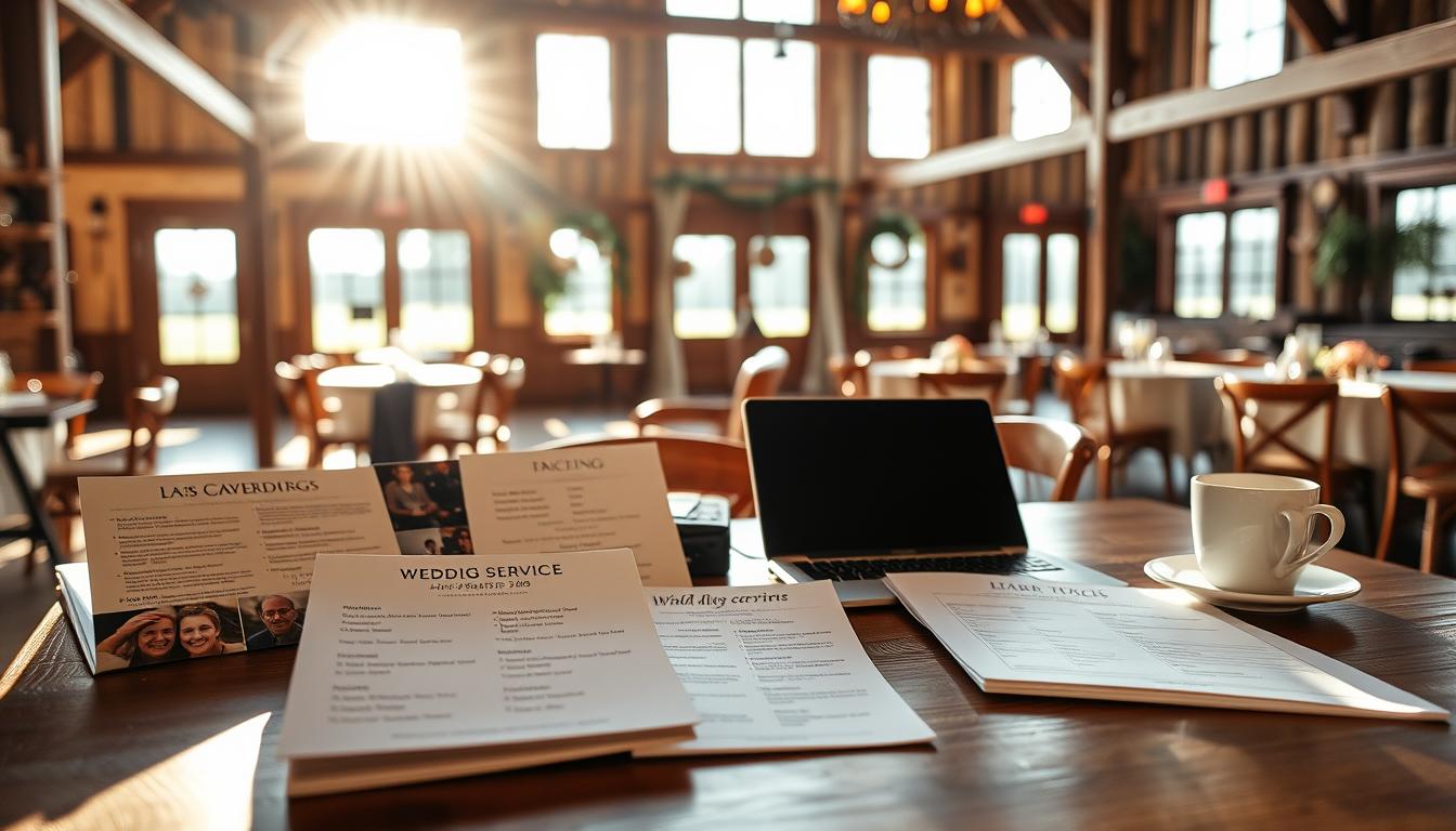 A cozy wedding venue in South Dakota, sunlight streaming through large windows, illuminating a display of wedding service pricing on a wooden table. In the foreground, neatly arranged brochures and price sheets outline the services of local vendors - from photographers and florists to catering and music. The middle ground features a laptop and a cup of coffee, hinting at the research and planning process. In the background, a warm, rustic ambiance with exposed beams and earthy tones sets the tone for this intimate, small-town wedding setting. A cozy wedding venue in South Dakota, sunlight streaming through large windows, illuminating a display of wedding service pricing on a wooden table. In the foreground, neatly arranged brochures and price sheets outline the services of local vendors - from photographers and florists to catering and music. The middle ground features a laptop and a cup of coffee, hinting at the research and planning process. In the background, a warm, rustic ambiance with exposed beams and earthy tones sets the tone for this intimate, small-town wedding setting.