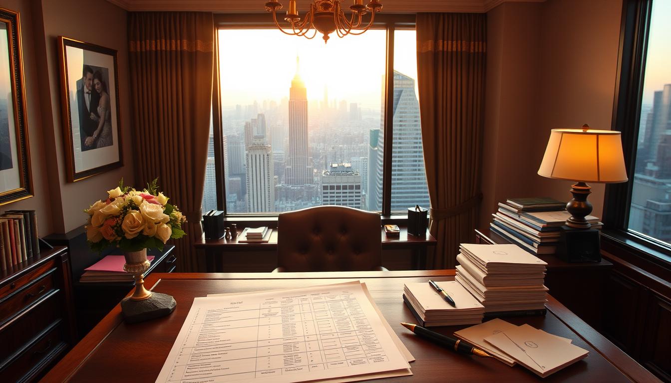 A cozy, well-lit office space with a large wooden desk, adorned with a luxurious floral arrangement. On the desk, a meticulously organized guest list spreadsheet, surrounded by neatly stacked wedding invitation envelopes and a vintage fountain pen. In the background, a panoramic view of the Manhattan skyline through large windows, bathed in the warm glow of the evening sun. A sense of focused organization and attention to detail permeates the scene, capturing the essence of crafting the perfect New York wedding guest list. A cozy, well-lit office space with a large wooden desk, adorned with a luxurious floral arrangement. On the desk, a meticulously organized guest list spreadsheet, surrounded by neatly stacked wedding invitation envelopes and a vintage fountain pen. In the background, a panoramic view of the Manhattan skyline through large windows, bathed in the warm glow of the evening sun. A sense of focused organization and attention to detail permeates the scene, capturing the essence of crafting the perfect New York wedding guest list.
