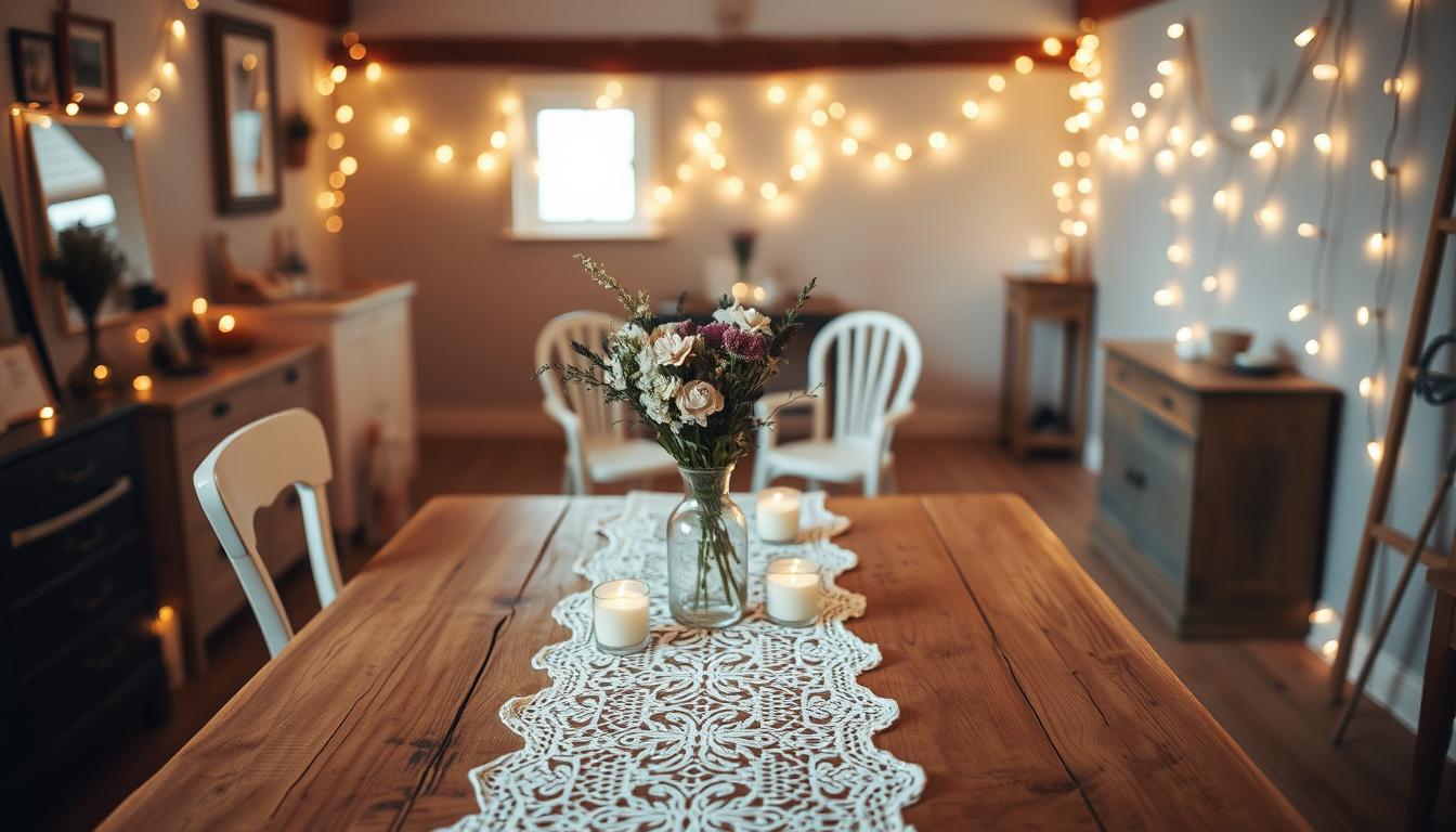 A cozy, well-lit room with various budget-friendly decor items for a wedding. In the foreground, a rustic wooden table is adorned with an elegant lace runner, a vase of wildflowers, and a few tealight candles. In the middle ground, a pair of mismatched vintage chairs flank the table, creating an intimate setting. The background features string lights draped across the walls, casting a warm, romantic glow throughout the space. The overall atmosphere is one of understated elegance and charm, showcasing how thoughtful, DIY-inspired decor can elevate a wedding celebration without breaking the bank. A cozy, well-lit room with various budget-friendly decor items for a wedding. In the foreground, a rustic wooden table is adorned with an elegant lace runner, a vase of wildflowers, and a few tealight candles. In the middle ground, a pair of mismatched vintage chairs flank the table, creating an intimate setting. The background features string lights draped across the walls, casting a warm, romantic glow throughout the space. The overall atmosphere is one of understated elegance and charm, showcasing how thoughtful, DIY-inspired decor can elevate a wedding celebration without breaking the bank.