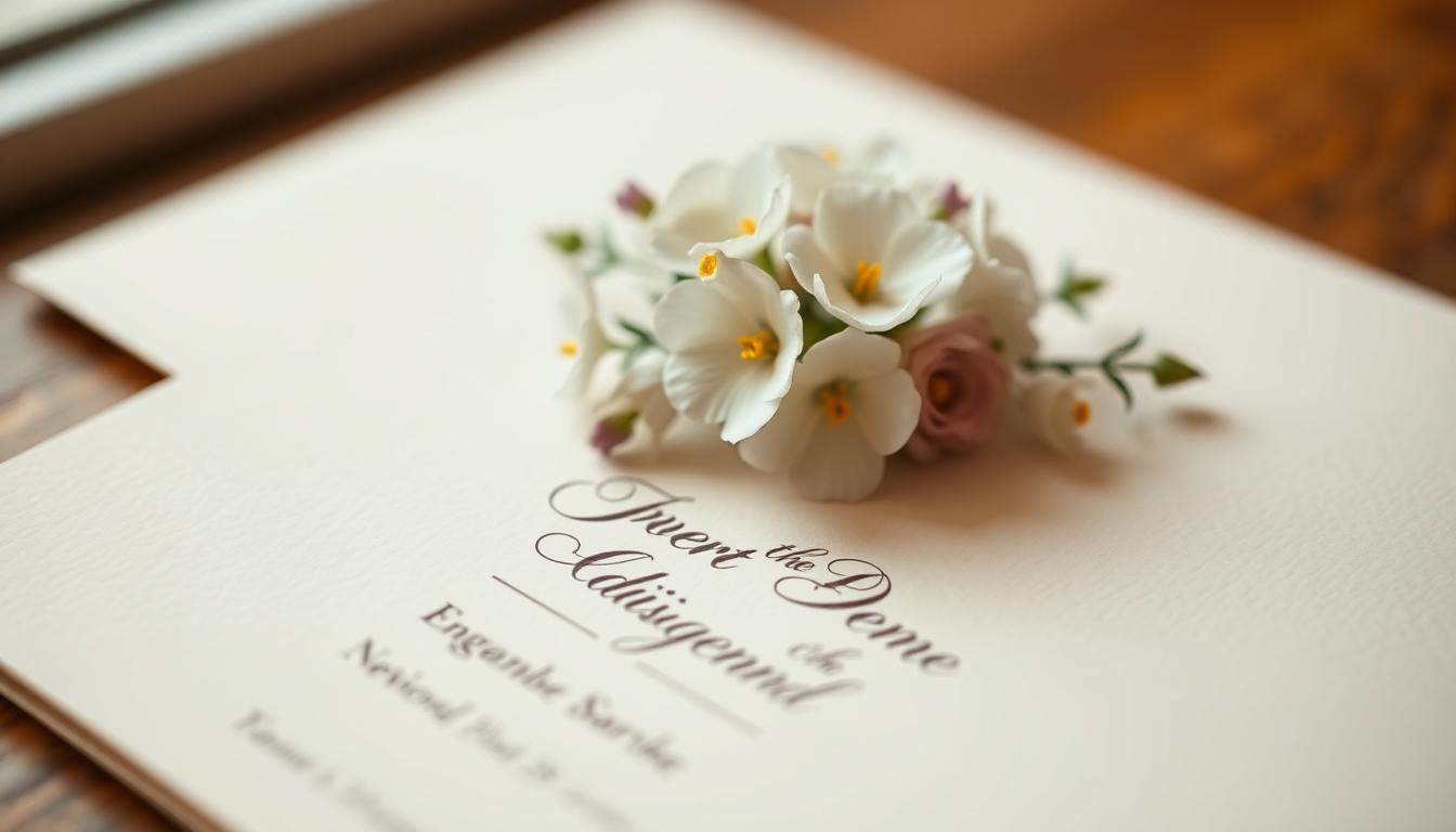 A delicate floral arrangement adorns the center of an elegant, cream-colored invitation card. The paper stock has a subtle, textured finish, offering a premium, bespoke feel. The card's layout features a clean, modern typeface highlighting the couple's names, alongside intricate calligraphic flourishes. Soft, diffused lighting casts a warm, romantic glow, while a shallow depth of field keeps the focus on the stationery's intricate details. The overall aesthetic exudes a sense of refined sophistication, perfectly suited to celebrate an intimate, personalized engagement party.