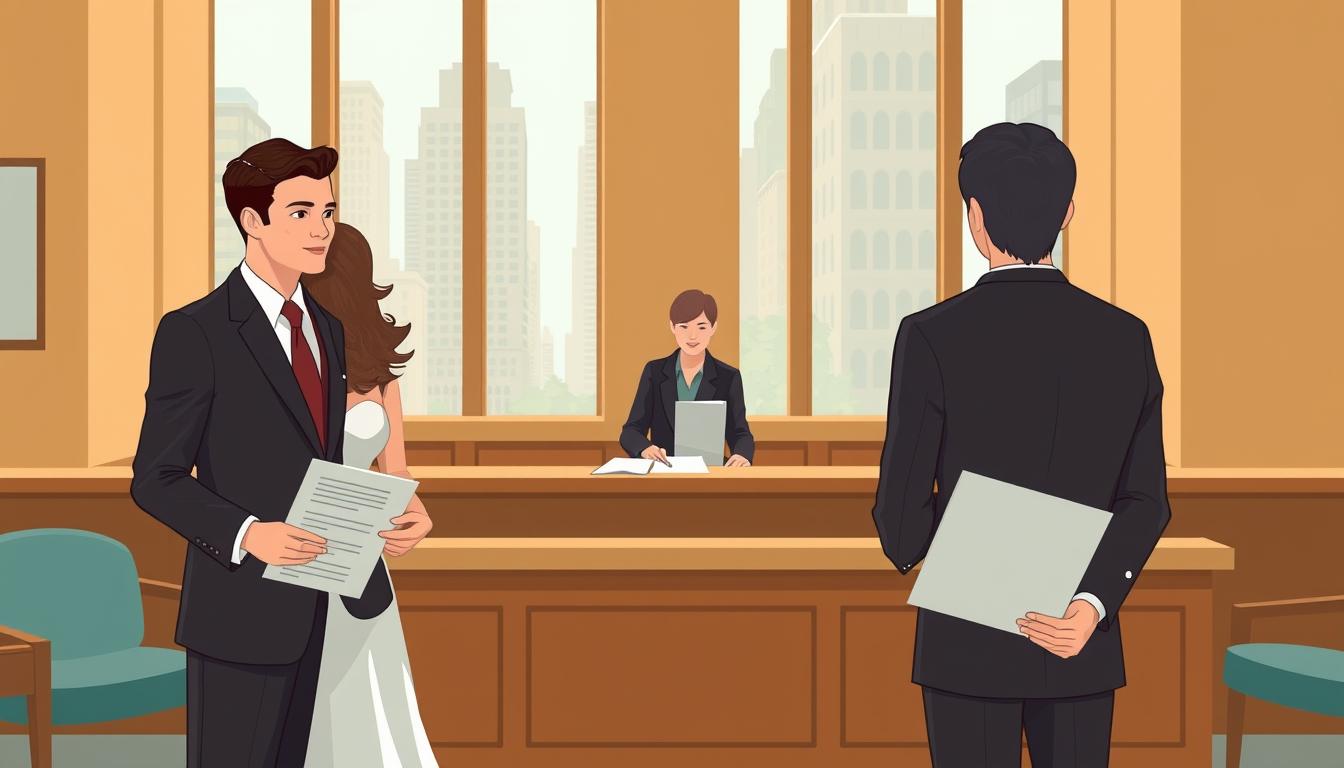 A detailed, elegant illustration of the NYC marriage name change process. In the foreground, a well-dressed couple stand before a warm-toned government office, holding a stack of documents. In the middle ground, a clerk at a counter reviews their paperwork, while in the background, a row of windows looks out onto the bustling streets of Manhattan. The lighting is soft and natural, conveying a sense of professionalism and authority. The overall mood is one of anticipation and diligence, as the couple navigates the legal requirements for changing their names after their wedding. A detailed, elegant illustration of the NYC marriage name change process. In the foreground, a well-dressed couple stand before a warm-toned government office, holding a stack of documents. In the middle ground, a clerk at a counter reviews their paperwork, while in the background, a row of windows looks out onto the bustling streets of Manhattan. The lighting is soft and natural, conveying a sense of professionalism and authority. The overall mood is one of anticipation and diligence, as the couple navigates the legal requirements for changing their names after their wedding.