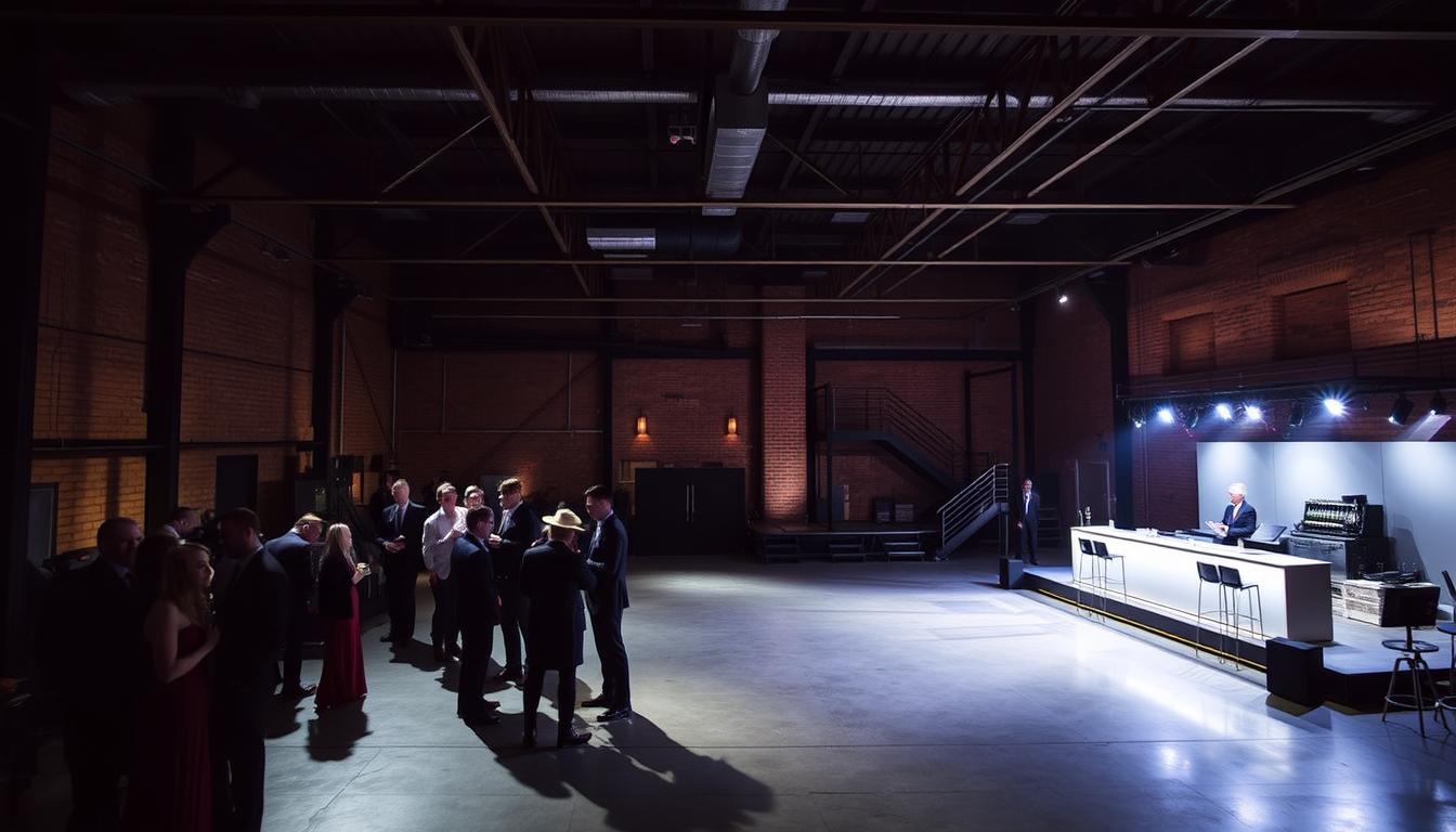 A dimly lit, cavernous industrial event venue in the heart of New York City. The space is filled with exposed brick walls, steel beams, and polished concrete floors, creating a raw, urban ambiance. Strategically placed spotlights illuminate the venue, casting dramatic shadows and highlighting the architectural details. In the foreground, a small group of well-dressed guests mingles, their silhouettes standing out against the industrial backdrop. The middle ground features a sleek, modern bar serving craft cocktails, while the background showcases a stage with state-of-the-art lighting and sound equipment, ready to host a performance or a live band. The overall atmosphere is one of sophistication and understated elegance, perfectly suited for a chic, urban wedding celebration. A dimly lit, cavernous industrial event venue in the heart of New York City. The space is filled with exposed brick walls, steel beams, and polished concrete floors, creating a raw, urban ambiance. Strategically placed spotlights illuminate the venue, casting dramatic shadows and highlighting the architectural details. In the foreground, a small group of well-dressed guests mingles, their silhouettes standing out against the industrial backdrop. The middle ground features a sleek, modern bar serving craft cocktails, while the background showcases a stage with state-of-the-art lighting and sound equipment, ready to host a performance or a live band. The overall atmosphere is one of sophistication and understated elegance, perfectly suited for a chic, urban wedding celebration.