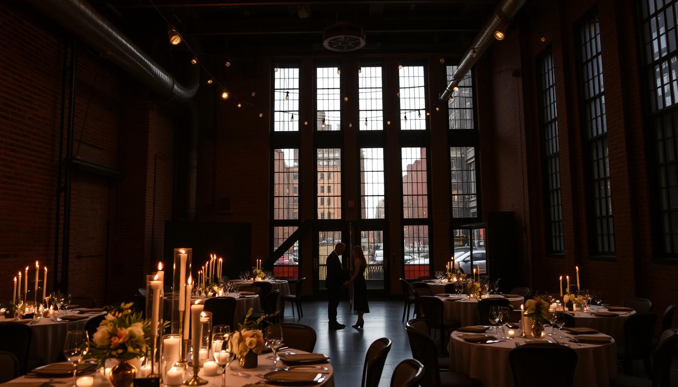 A dimly lit, industrial-chic wedding venue in the heart of Brooklyn, with exposed brick walls, towering ceilings, and a warm, moody ambiance. In the foreground, a couple stands hand-in-hand, silhouetted against the soft glow of candles and string lights. The middle ground showcases elegant table settings, with minimalist floral arrangements and sleek, modern tableware. The background reveals high windows that offer a glimpse of the bustling city streets outside, creating a captivating contrast between the urban landscape and the intimate, refined event space. A dimly lit, industrial-chic wedding venue in the heart of Brooklyn, with exposed brick walls, towering ceilings, and a warm, moody ambiance. In the foreground, a couple stands hand-in-hand, silhouetted against the soft glow of candles and string lights. The middle ground showcases elegant table settings, with minimalist floral arrangements and sleek, modern tableware. The background reveals high windows that offer a glimpse of the bustling city streets outside, creating a captivating contrast between the urban landscape and the intimate, refined event space.