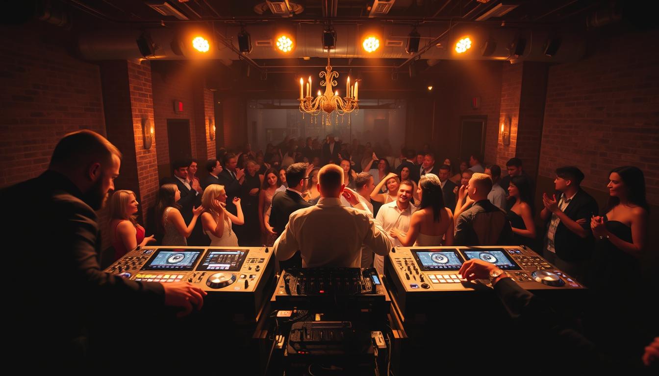 A dimly lit urban nightclub, with the stage bathed in warm, golden spotlights. In the foreground, a group of skilled DJs commanding the turntables, their hands a blur as they mix and scratch. Behind them, a large crowd of wedding guests sway and dance, their faces alight with joy. The scene is framed by industrial-chic exposed brick walls and sleek, minimalist decor, creating an elegant, sophisticated ambiance. The image conveys the energy, professionalism, and technical prowess of the top wedding DJs in New York City, perfectly capturing the spirit of a vibrant, unforgettable celebration. A dimly lit urban nightclub, with the stage bathed in warm, golden spotlights. In the foreground, a group of skilled DJs commanding the turntables, their hands a blur as they mix and scratch. Behind them, a large crowd of wedding guests sway and dance, their faces alight with joy. The scene is framed by industrial-chic exposed brick walls and sleek, minimalist decor, creating an elegant, sophisticated ambiance. The image conveys the energy, professionalism, and technical prowess of the top wedding DJs in New York City, perfectly capturing the spirit of a vibrant, unforgettable celebration.