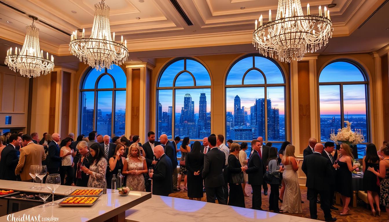 A grand ballroom with crystal chandeliers casting a warm glow over a sophisticated gathering of elegantly dressed guests, enjoying a diverse selection of gourmet hors d'oeuvres and signature cocktails. In the foreground, a sleek contemporary bar with a marble countertop and brushed metal accents. Towering arched windows offer a breathtaking view of the city skyline at dusk, the skyscrapers illuminated against a twilight backdrop. The overall atmosphere exudes a sense of refined luxury and exclusivity, perfectly suited for a memorable wedding reception. A grand ballroom with crystal chandeliers casting a warm glow over a sophisticated gathering of elegantly dressed guests, enjoying a diverse selection of gourmet hors d'oeuvres and signature cocktails. In the foreground, a sleek contemporary bar with a marble countertop and brushed metal accents. Towering arched windows offer a breathtaking view of the city skyline at dusk, the skyscrapers illuminated against a twilight backdrop. The overall atmosphere exudes a sense of refined luxury and exclusivity, perfectly suited for a memorable wedding reception.