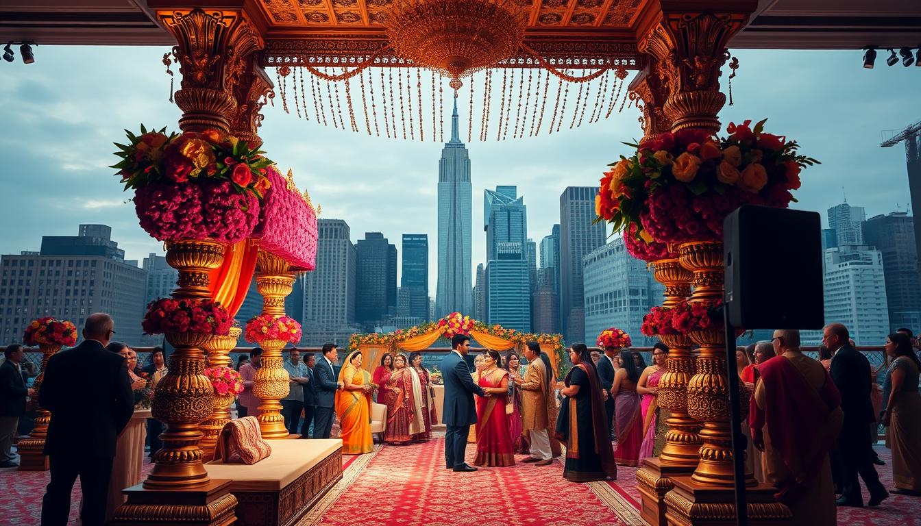 A grand, ornate Indian wedding venue nestled in the heart of New York City. The foreground showcases an intricate mandap structure adorned with vibrant floral arrangements, traditional fabrics, and gleaming brass accents. In the middle ground, guests in vibrant saris and sherwanis mingle amidst the opulent decor, capturing the joyous atmosphere. The background reveals the iconic Manhattan skyline, its towering skyscrapers providing a striking contrast to the cultural richness of the celebration. The lighting is warm and inviting, casting a soft glow over the scene and creating an intimate, welcoming ambiance. The overall composition captures the perfect blend of Indian tradition and New York's urban elegance, making it an idyllic setting for a memorable Indian wedding. A grand, ornate Indian wedding venue nestled in the heart of New York City. The foreground showcases an intricate mandap structure adorned with vibrant floral arrangements, traditional fabrics, and gleaming brass accents. In the middle ground, guests in vibrant saris and sherwanis mingle amidst the opulent decor, capturing the joyous atmosphere. The background reveals the iconic Manhattan skyline, its towering skyscrapers providing a striking contrast to the cultural richness of the celebration. The lighting is warm and inviting, casting a soft glow over the scene and creating an intimate, welcoming ambiance. The overall composition captures the perfect blend of Indian tradition and New York's urban elegance, making it an idyllic setting for a memorable Indian wedding.
