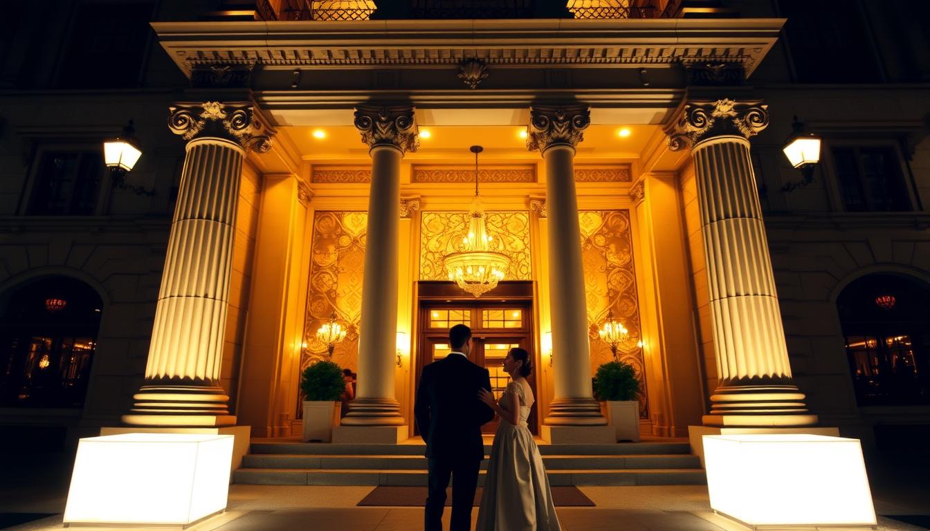 A grand, ornate New York City wedding venue, its facade illuminated by warm, golden lighting. Elegant columns frame the entrance, leading to a grand lobby with high ceilings and intricate architectural details. In the foreground, a couple stands outside, admiring the venue and discussing their reservation options. The scene conveys a sense of anticipation and excitement, reflecting the unique, exclusive nature of this sought-after wedding destination. The overall atmosphere evokes the timeless sophistication and grandeur of a historic New York setting, inviting the viewer to imagine the unforgettable event that could take place within. A grand, ornate New York City wedding venue, its facade illuminated by warm, golden lighting. Elegant columns frame the entrance, leading to a grand lobby with high ceilings and intricate architectural details. In the foreground, a couple stands outside, admiring the venue and discussing their reservation options. The scene conveys a sense of anticipation and excitement, reflecting the unique, exclusive nature of this sought-after wedding destination. The overall atmosphere evokes the timeless sophistication and grandeur of a historic New York setting, inviting the viewer to imagine the unforgettable event that could take place within.