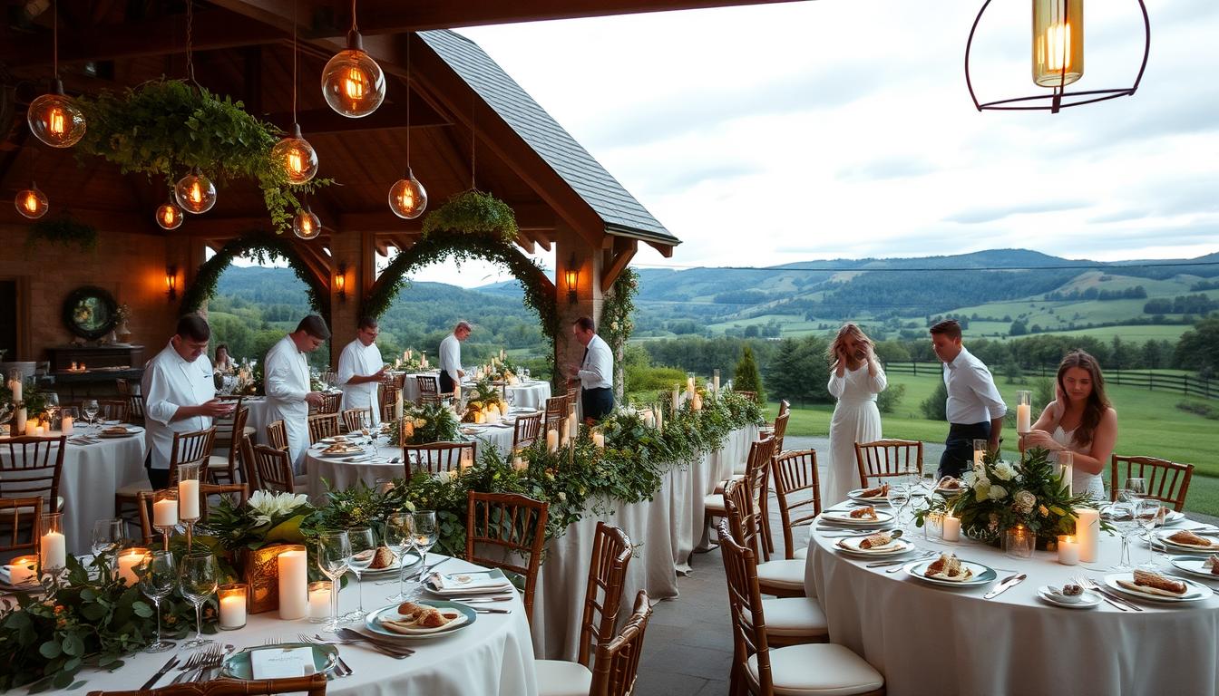 A grand, rustic wedding reception in a Virginia countryside estate. Elegant tables adorned with lush greenery and flickering candles, set amidst the soft, warm glow of Edison bulbs. Chefs in crisp white uniforms tenderly plate sumptuous courses, from locally-sourced meats and produce. Waitstaff move gracefully between tables, offering fine wine and attentive service. In the background, rolling hills and a cloudless sky create a picturesque, serene backdrop. The scene exudes a sense of timeless sophistication and attention to every culinary detail, capturing the essence of Virginia wedding catering. A grand, rustic wedding reception in a Virginia countryside estate. Elegant tables adorned with lush greenery and flickering candles, set amidst the soft, warm glow of Edison bulbs. Chefs in crisp white uniforms tenderly plate sumptuous courses, from locally-sourced meats and produce. Waitstaff move gracefully between tables, offering fine wine and attentive service. In the background, rolling hills and a cloudless sky create a picturesque, serene backdrop. The scene exudes a sense of timeless sophistication and attention to every culinary detail, capturing the essence of Virginia wedding catering.