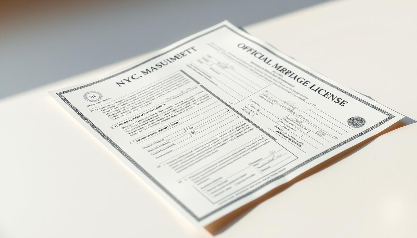 A high-resolution close-up of an official NYC marriage license document laid flat on a plain white surface, illuminated by soft, natural daylight. The document is opened to reveal the detailed legal text, stamps, and signatures in crisp clarity. The edges of the paper are slightly worn, adding a sense of authenticity. The overall mood is formal and official, reflecting the gravity of the legal process. The frame captures the full width of the document, filling the frame without any distracting elements in the background. A high-resolution close-up of an official NYC marriage license document laid flat on a plain white surface, illuminated by soft, natural daylight. The document is opened to reveal the detailed legal text, stamps, and signatures in crisp clarity. The edges of the paper are slightly worn, adding a sense of authenticity. The overall mood is formal and official, reflecting the gravity of the legal process. The frame captures the full width of the document, filling the frame without any distracting elements in the background.