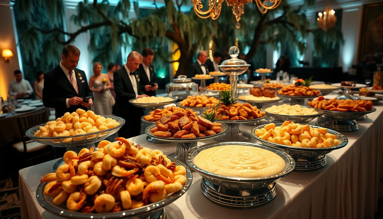 A lavish South Carolina wedding reception, the centerpiece being a grand catering display. In the foreground, an elegant table groans under the weight of a sumptuous buffet - platters heaped with shrimp and grits, biscuits and honey, pecan-crusted pork tenderloin, and more Low Country delicacies. In the middle ground, smartly attired waitstaff efficiently replenish the spread, ensuring a seamless dining experience. The background frames the scene with a backdrop of magnolias and Spanish moss, capturing the essence of Southern hospitality. Soft, warm lighting casts a golden glow, while the angle suggests an intimate, birds-eye view of the meticulously planned catering that defines the culinary experience of a South Carolina wedding. A lavish South Carolina wedding reception, the centerpiece being a grand catering display. In the foreground, an elegant table groans under the weight of a sumptuous buffet - platters heaped with shrimp and grits, biscuits and honey, pecan-crusted pork tenderloin, and more Low Country delicacies. In the middle ground, smartly attired waitstaff efficiently replenish the spread, ensuring a seamless dining experience. The background frames the scene with a backdrop of magnolias and Spanish moss, capturing the essence of Southern hospitality. Soft, warm lighting casts a golden glow, while the angle suggests an intimate, birds-eye view of the meticulously planned catering that defines the culinary experience of a South Carolina wedding.