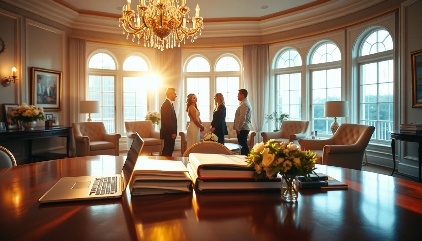 A lavish wedding planning office in Charleston, South Carolina, illuminated by warm, golden light streaming through large windows. In the foreground, a polished wooden desk is adorned with a laptop, a wedding planner's binder, and a vase of fresh flowers. In the middle ground, a team of wedding planners in professional attire consult with a couple, discussing details of their big day. The background showcases elegant decor elements, such as a chandelier, plush armchairs, and framed artwork on the walls, creating a sophisticated ambiance. The scene conveys the personalized, high-quality services available for couples planning their South Carolina wedding. A lavish wedding planning office in Charleston, South Carolina, illuminated by warm, golden light streaming through large windows. In the foreground, a polished wooden desk is adorned with a laptop, a wedding planner's binder, and a vase of fresh flowers. In the middle ground, a team of wedding planners in professional attire consult with a couple, discussing details of their big day. The background showcases elegant decor elements, such as a chandelier, plush armchairs, and framed artwork on the walls, creating a sophisticated ambiance. The scene conveys the personalized, high-quality services available for couples planning their South Carolina wedding.