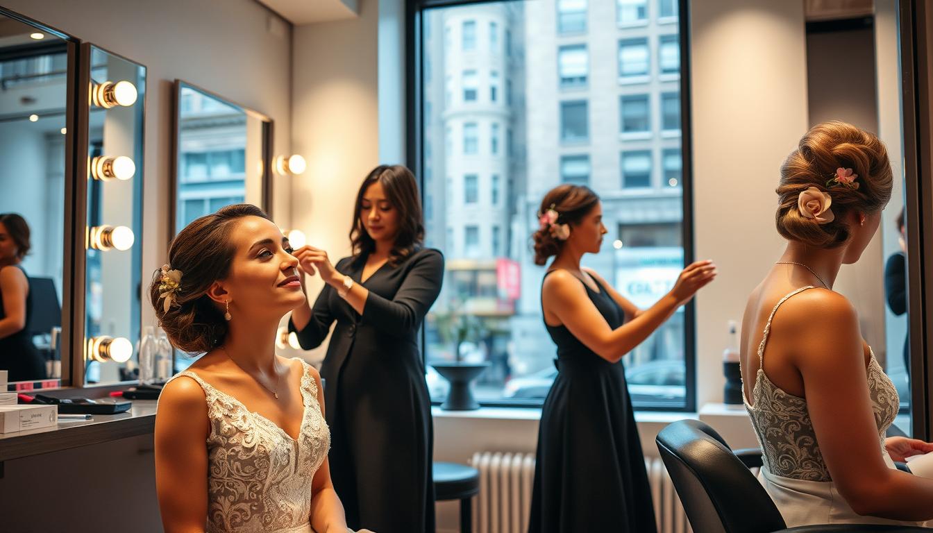A lively, elegant wedding scene in a modern salon in the heart of New York City. In the foreground, a bride-to-be sits gracefully as a skilled makeup artist applies natural-looking cosmetics, highlighting her features. In the middle ground, a hairstylist, with deft movements, creates an intricate updo, weaving ribbons and delicate flowers into the style. The background features minimalist decor - sleek mirrors, chrome fixtures, and a large window offering a glimpse of the bustling NYC streets outside. Soft, warm lighting casts a romantic glow, conveying a sense of professionalism and luxury. The overall atmosphere exudes the perfect balance of city sophistication and bridal bliss. A lively, elegant wedding scene in a modern salon in the heart of New York City. In the foreground, a bride-to-be sits gracefully as a skilled makeup artist applies natural-looking cosmetics, highlighting her features. In the middle ground, a hairstylist, with deft movements, creates an intricate updo, weaving ribbons and delicate flowers into the style. The background features minimalist decor - sleek mirrors, chrome fixtures, and a large window offering a glimpse of the bustling NYC streets outside. Soft, warm lighting casts a romantic glow, conveying a sense of professionalism and luxury. The overall atmosphere exudes the perfect balance of city sophistication and bridal bliss.