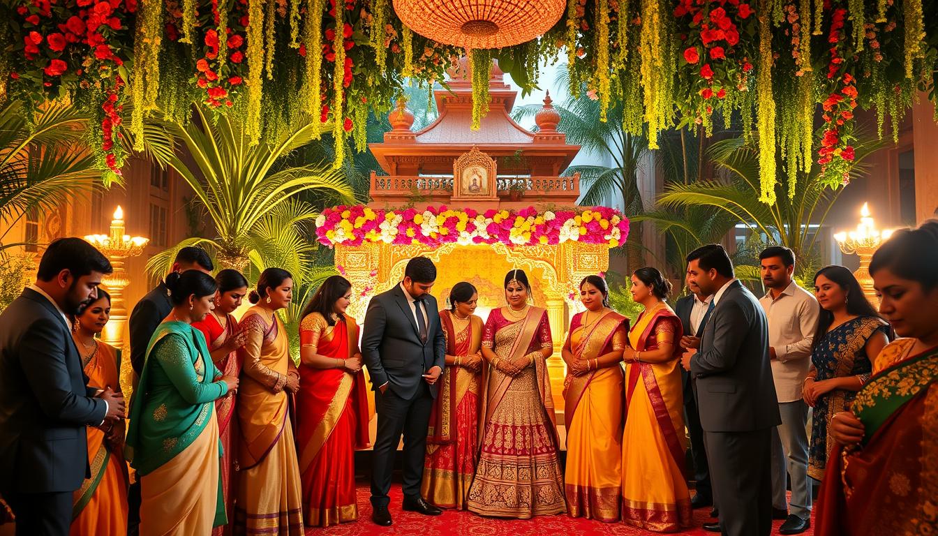 A lush, elegant Indian wedding setting with a team of experienced planners at the forefront. In the foreground, a diverse group of wedding professionals - decked in vibrant, traditional attire - collaborate to finalize intricate details. The middle ground showcases a stunning backdrop of traditional Indian architecture, lush greenery, and vibrant florals, creating an immersive atmosphere. Warm, golden lighting bathes the scene, evoking the joyous spirit of an Indian celebration. The overall composition conveys the expertise, creativity, and attention to tradition that defines the best Indian wedding planners in New York. A lush, elegant Indian wedding setting with a team of experienced planners at the forefront. In the foreground, a diverse group of wedding professionals - decked in vibrant, traditional attire - collaborate to finalize intricate details. The middle ground showcases a stunning backdrop of traditional Indian architecture, lush greenery, and vibrant florals, creating an immersive atmosphere. Warm, golden lighting bathes the scene, evoking the joyous spirit of an Indian celebration. The overall composition conveys the expertise, creativity, and attention to tradition that defines the best Indian wedding planners in New York.