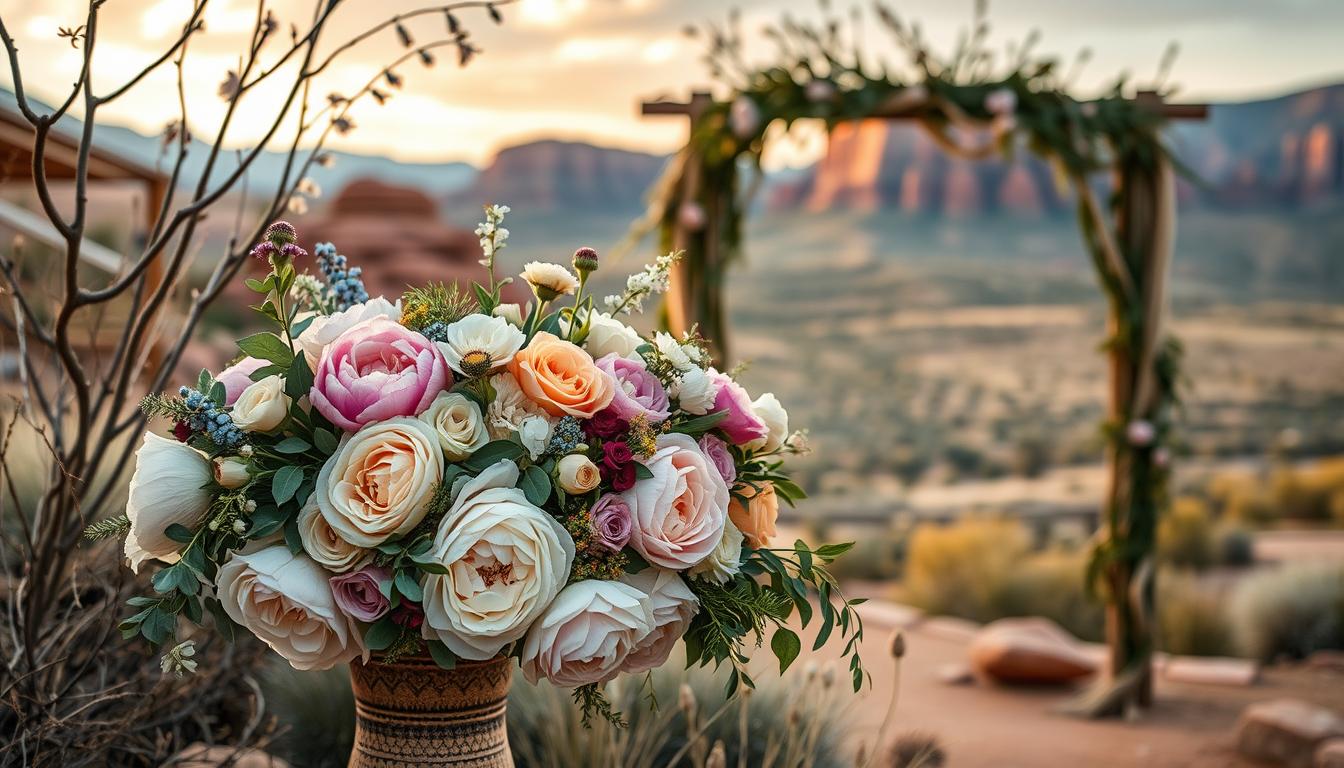 A lush, rustic wedding floral arrangement nestled among natural Utah scenery. In the foreground, a cascading bouquet of vibrant peonies, garden roses, and eucalyptus, artfully arranged in a vintage-inspired ceramic vase. The middle ground features a delicate arch adorned with trailing vines, wildflowers, and soft, romantic lighting. In the background, a picturesque vista of red rock formations and rolling hills, bathed in the warm glow of a golden hour sunset. The overall composition conveys a sense of natural elegance and the serene beauty of a Utah wedding celebration. A lush, rustic wedding floral arrangement nestled among natural Utah scenery. In the foreground, a cascading bouquet of vibrant peonies, garden roses, and eucalyptus, artfully arranged in a vintage-inspired ceramic vase. The middle ground features a delicate arch adorned with trailing vines, wildflowers, and soft, romantic lighting. In the background, a picturesque vista of red rock formations and rolling hills, bathed in the warm glow of a golden hour sunset. The overall composition conveys a sense of natural elegance and the serene beauty of a Utah wedding celebration.