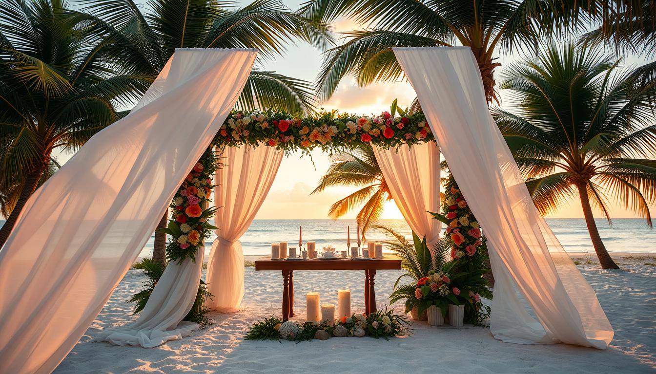A lush tropical beach wedding design with a dreamy, romantic atmosphere. In the foreground, an elegant arch draped with vibrant flowers and greenery stands tall, framing the serene ocean view. Flowing white chiffon curtains sway gently in the warm breeze. At the center, a wooden table is adorned with tropical foliage, seashells, and candles, casting a soft, golden glow. In the background, palm trees sway overhead, their fronds creating dappled shadows on the pristine white sand. The image is captured with a wide-angle lens, creating a sense of depth and grandeur, with the sun setting over the horizon, painting the sky in hues of orange and pink. A lush tropical beach wedding design with a dreamy, romantic atmosphere. In the foreground, an elegant arch draped with vibrant flowers and greenery stands tall, framing the serene ocean view. Flowing white chiffon curtains sway gently in the warm breeze. At the center, a wooden table is adorned with tropical foliage, seashells, and candles, casting a soft, golden glow. In the background, palm trees sway overhead, their fronds creating dappled shadows on the pristine white sand. The image is captured with a wide-angle lens, creating a sense of depth and grandeur, with the sun setting over the horizon, painting the sky in hues of orange and pink.