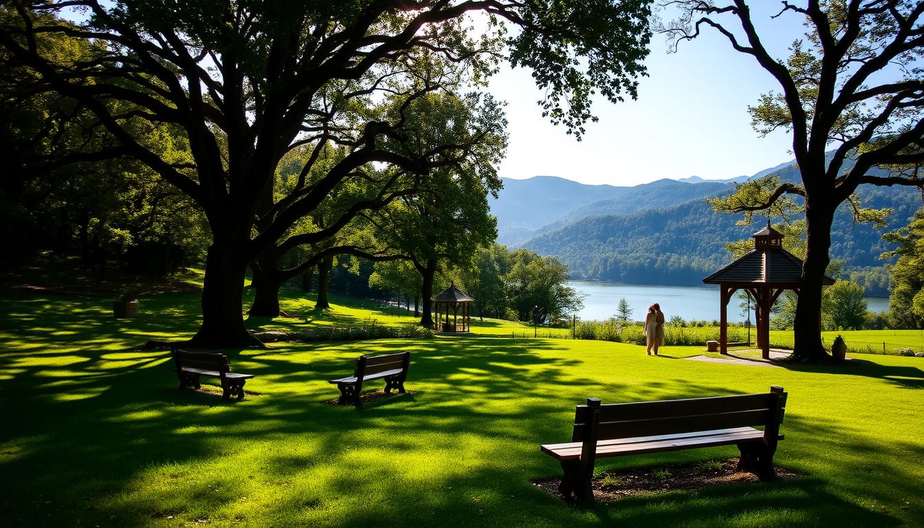 A lush, verdant meadow nestled against the rugged peaks of the Catskill Mountains, dotted with charming wooden gazebos and rustic, hand-crafted benches. Sunlight filters through the canopy of ancient oak trees, casting a warm, golden glow across the scene. In the distance, a serene lake reflects the surrounding natural beauty, inviting guests to stroll along its peaceful shores and explore the nearby hiking trails. The overall atmosphere exudes a sense of tranquility and timeless elegance, perfectly suited for an enchanting outdoor wedding celebration. A lush, verdant meadow nestled against the rugged peaks of the Catskill Mountains, dotted with charming wooden gazebos and rustic, hand-crafted benches. Sunlight filters through the canopy of ancient oak trees, casting a warm, golden glow across the scene. In the distance, a serene lake reflects the surrounding natural beauty, inviting guests to stroll along its peaceful shores and explore the nearby hiking trails. The overall atmosphere exudes a sense of tranquility and timeless elegance, perfectly suited for an enchanting outdoor wedding celebration.