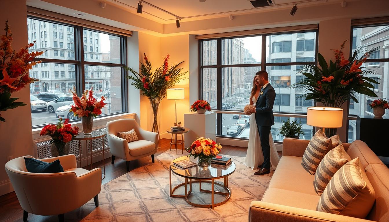 A luxurious wedding planning office in the heart of New York City, featuring a modern, minimalist aesthetic with sleek furniture, vibrant floral arrangements, and large windows overlooking the bustling city streets. The space exudes elegance and professionalism, with carefully curated decor that sets the tone for a high-end, personalized wedding planning experience. Warm lighting casts a soft glow, creating a welcoming and calming atmosphere. In the foreground, a well-dressed wedding planner consults with a couple, discussing intricate details and personalized touches for their dream wedding day. A luxurious wedding planning office in the heart of New York City, featuring a modern, minimalist aesthetic with sleek furniture, vibrant floral arrangements, and large windows overlooking the bustling city streets. The space exudes elegance and professionalism, with carefully curated decor that sets the tone for a high-end, personalized wedding planning experience. Warm lighting casts a soft glow, creating a welcoming and calming atmosphere. In the foreground, a well-dressed wedding planner consults with a couple, discussing intricate details and personalized touches for their dream wedding day.