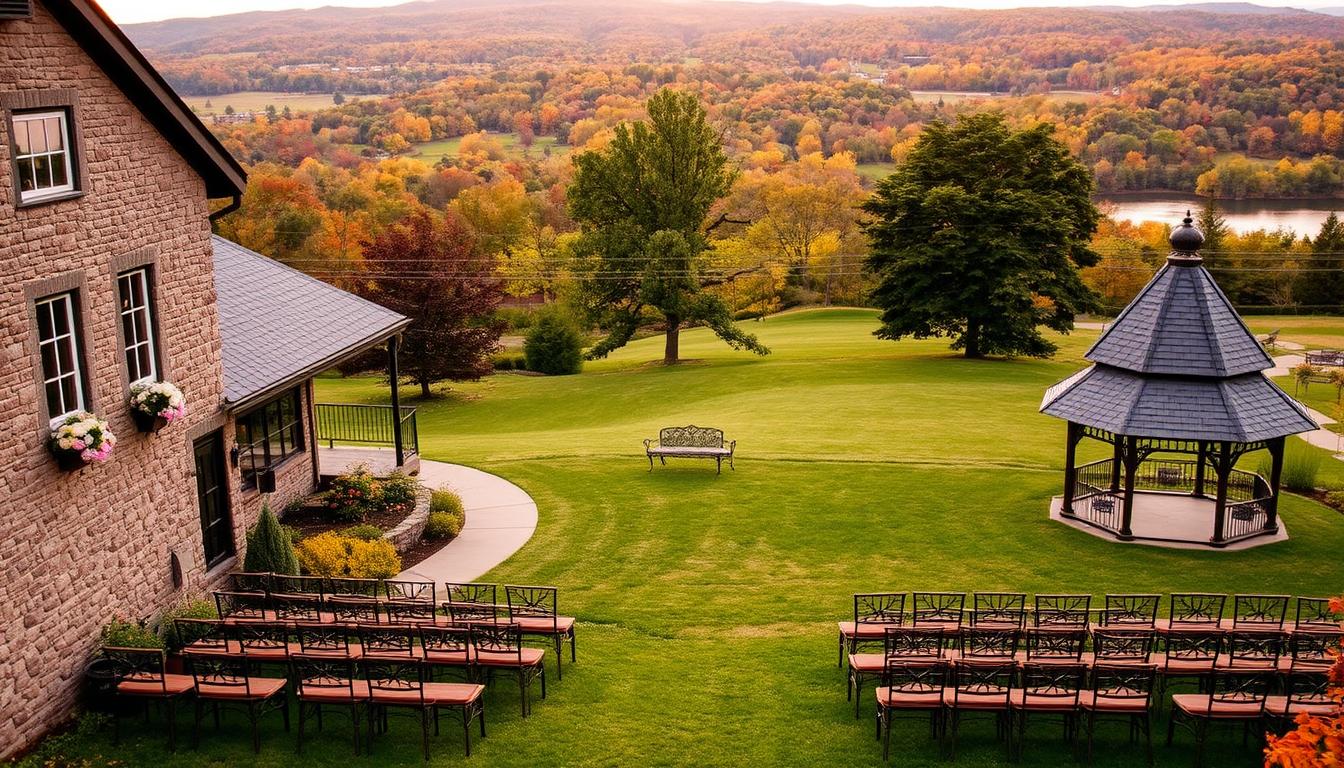 A picturesque Hudson Valley wedding venue, nestled amidst rolling hills and lush greenery. In the foreground, a charming stone building with a rustic, yet elegant facade, its windows adorned with delicate flower arrangements. The middle ground features a sprawling lawn, dotted with rows of wooden benches and an ornate gazebo, perfect for an outdoor ceremony. In the background, a panoramic view of the surrounding landscape, with towering trees and a tranquil pond reflecting the warm, golden light of the setting sun. The overall atmosphere exudes a sense of timeless romance and natural beauty, making it an idyllic setting for a dream fall wedding. A picturesque Hudson Valley wedding venue, nestled amidst rolling hills and lush greenery. In the foreground, a charming stone building with a rustic, yet elegant facade, its windows adorned with delicate flower arrangements. The middle ground features a sprawling lawn, dotted with rows of wooden benches and an ornate gazebo, perfect for an outdoor ceremony. In the background, a panoramic view of the surrounding landscape, with towering trees and a tranquil pond reflecting the warm, golden light of the setting sun. The overall atmosphere exudes a sense of timeless romance and natural beauty, making it an idyllic setting for a dream fall wedding.