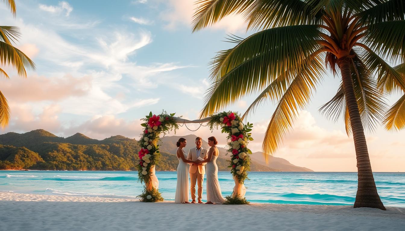 A picturesque beach destination with swaying palm trees, soft white sand, and crystal-clear turquoise waters. In the foreground, a romantic wedding arch adorned with lush tropical blooms, casting a warm, golden glow under the setting sun. Couples, dressed in elegant attire, exchange vows as they stand hand-in-hand, surrounded by a small gathering of loved ones. In the middle ground, a backdrop of rolling hills and lush greenery, creating a serene and secluded atmosphere. The background features a stunning panoramic view of the tranquil ocean, with wispy clouds and a vibrant, colorful sky. The overall scene exudes a sense of timeless beauty, perfect for a magical beach wedding. A picturesque beach destination with swaying palm trees, soft white sand, and crystal-clear turquoise waters. In the foreground, a romantic wedding arch adorned with lush tropical blooms, casting a warm, golden glow under the setting sun. Couples, dressed in elegant attire, exchange vows as they stand hand-in-hand, surrounded by a small gathering of loved ones. In the middle ground, a backdrop of rolling hills and lush greenery, creating a serene and secluded atmosphere. The background features a stunning panoramic view of the tranquil ocean, with wispy clouds and a vibrant, colorful sky. The overall scene exudes a sense of timeless beauty, perfect for a magical beach wedding.