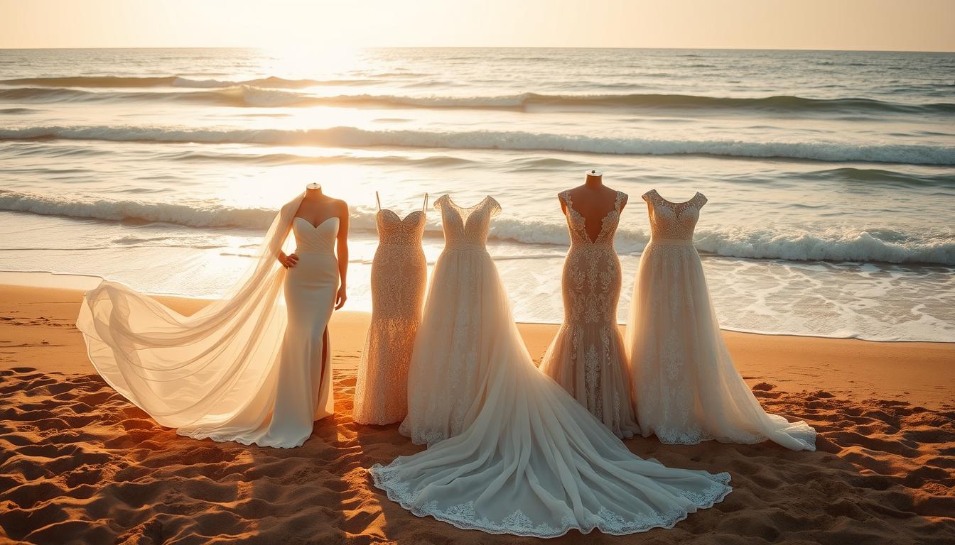 A picturesque beach setting, golden sand and gentle waves as the backdrop. In the foreground, a stunning array of beach wedding dress styles - from flowing, ethereal chiffon to structured lace designs, each silhouette showcasing the natural beauty of the seaside locale. Warm, diffused lighting casts a romantic glow, highlighting the intricate details and delicate fabrics. The dresses are arranged in an artful, editorial-style composition, inviting the viewer to envision themselves in these enchanting, destination-inspired bridal looks. An image that captures the essence of a breathtaking beach wedding celebration. A picturesque beach setting, golden sand and gentle waves as the backdrop. In the foreground, a stunning array of beach wedding dress styles - from flowing, ethereal chiffon to structured lace designs, each silhouette showcasing the natural beauty of the seaside locale. Warm, diffused lighting casts a romantic glow, highlighting the intricate details and delicate fabrics. The dresses are arranged in an artful, editorial-style composition, inviting the viewer to envision themselves in these enchanting, destination-inspired bridal looks. An image that captures the essence of a breathtaking beach wedding celebration.