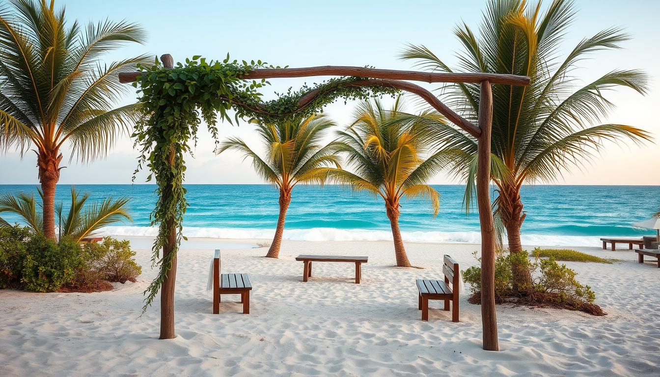 A picturesque coastal wedding venue with a rustic, natural charm. In the foreground, a wooden arch adorned with lush greenery and trailing vines stands at the edge of a pristine sandy beach. The middle ground features an intimate seating area with simple wooden benches, surrounded by swaying palm trees and a gentle ocean breeze. In the background, the azure blue waters of the coastline stretch out to the horizon, accented by a warm, golden sunset glow. The overall atmosphere is one of tranquility, romance, and a connection to the natural beauty of the seaside setting.