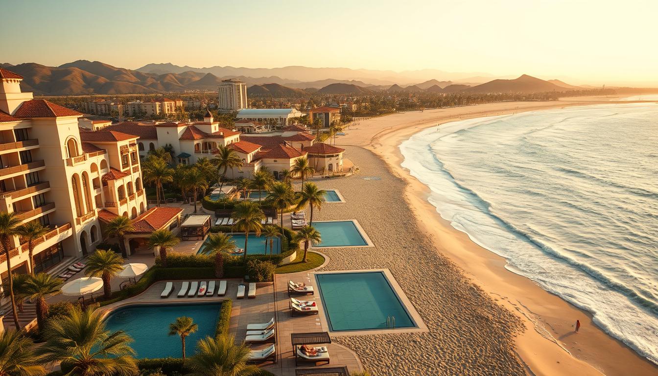 A picturesque coastline adorned with luxurious beachfront resorts, where the golden sands meet the azure waters of the Pacific. Elegant hotel facades in a Mediterranean-inspired architectural style, with lush tropical gardens and inviting swimming pools. Guests relaxing on private cabanas, sipping refreshing cocktails as the warm California sun casts a soft, golden glow across the scene. In the distance, rolling hills dotted with swaying palm trees form a serene backdrop, creating a serene and indulgent atmosphere. A wide-angle lens captures the sprawling, resort-like setting, showcasing the quintessential California beach lifestyle in all its splendor. A picturesque coastline adorned with luxurious beachfront resorts, where the golden sands meet the azure waters of the Pacific. Elegant hotel facades in a Mediterranean-inspired architectural style, with lush tropical gardens and inviting swimming pools. Guests relaxing on private cabanas, sipping refreshing cocktails as the warm California sun casts a soft, golden glow across the scene. In the distance, rolling hills dotted with swaying palm trees form a serene backdrop, creating a serene and indulgent atmosphere. A wide-angle lens captures the sprawling, resort-like setting, showcasing the quintessential California beach lifestyle in all its splendor.