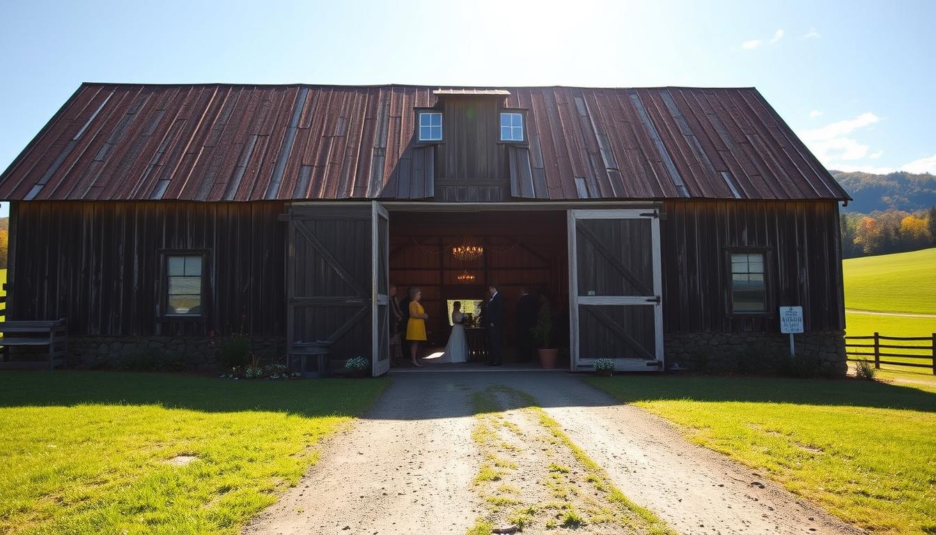 A picturesque old barn nestled in the rolling hills of upstate New York, its weathered wood and rustic charm providing a stunning backdrop for an affordable country wedding. Warm sunlight filters through the open barn doors, illuminating the well-tended gardens and verdant meadows that surround the property. A dirt path leads visitors towards the entrance, inviting them to explore the charming venue. The barn's interior features exposed beams, vintage chandeliers, and a cozy atmosphere perfect for an intimate celebration. Guests mingle and admire the breathtaking views of the Catskill Mountains in the distance, appreciating the tranquil, countryside ambiance. A picturesque old barn nestled in the rolling hills of upstate New York, its weathered wood and rustic charm providing a stunning backdrop for an affordable country wedding. Warm sunlight filters through the open barn doors, illuminating the well-tended gardens and verdant meadows that surround the property. A dirt path leads visitors towards the entrance, inviting them to explore the charming venue. The barn's interior features exposed beams, vintage chandeliers, and a cozy atmosphere perfect for an intimate celebration. Guests mingle and admire the breathtaking views of the Catskill Mountains in the distance, appreciating the tranquil, countryside ambiance.