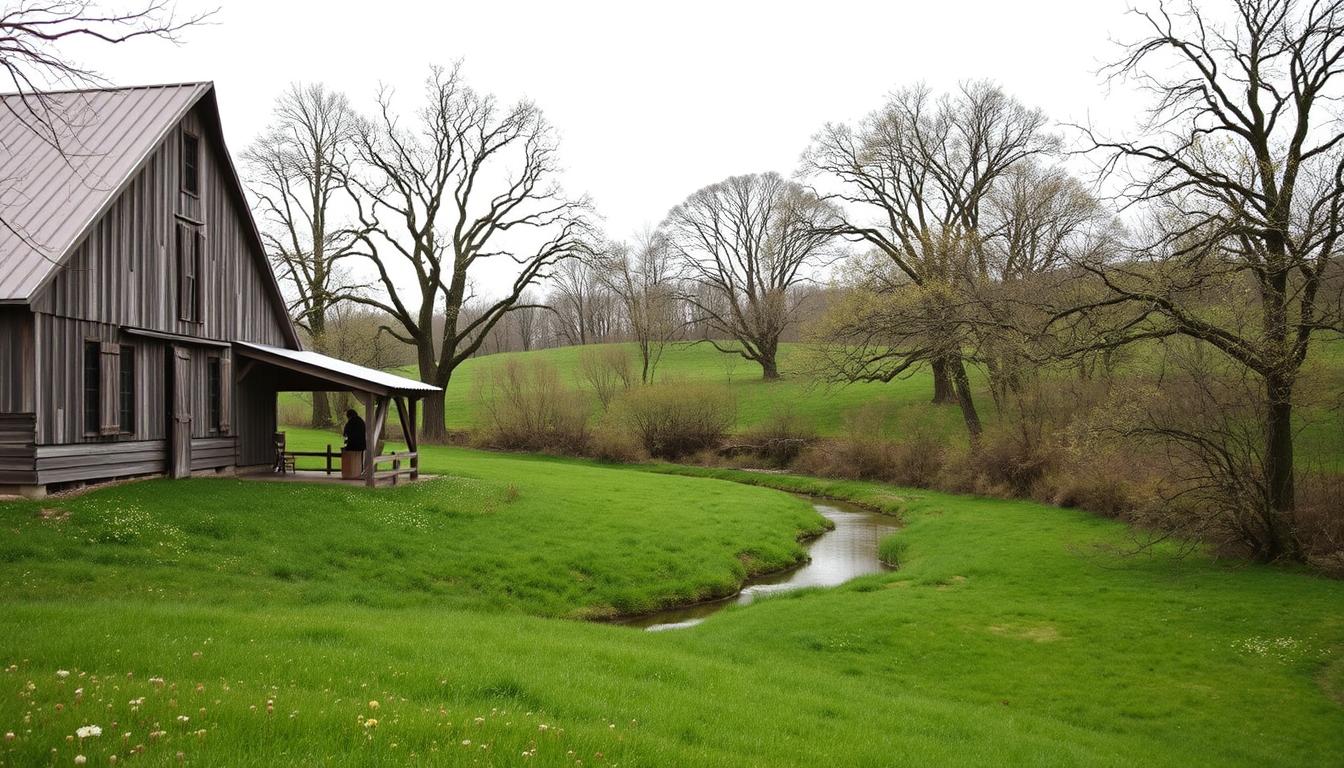 A picturesque spring wedding venue nestled in the rolling hills of Upstate New York. The foreground features a charming rustic barn with weathered wooden siding, surrounded by lush green meadows dotted with wildflowers. In the middle ground, a winding stream reflects the soft, diffused lighting of the overcast sky, creating a serene and tranquil atmosphere. The background showcases a line of towering oak trees, their newly budding leaves casting dappled shadows across the scene. The overall mood is one of natural elegance and enchantment, perfectly suited for a romantic springtime celebration. A picturesque spring wedding venue nestled in the rolling hills of Upstate New York. The foreground features a charming rustic barn with weathered wooden siding, surrounded by lush green meadows dotted with wildflowers. In the middle ground, a winding stream reflects the soft, diffused lighting of the overcast sky, creating a serene and tranquil atmosphere. The background showcases a line of towering oak trees, their newly budding leaves casting dappled shadows across the scene. The overall mood is one of natural elegance and enchantment, perfectly suited for a romantic springtime celebration.