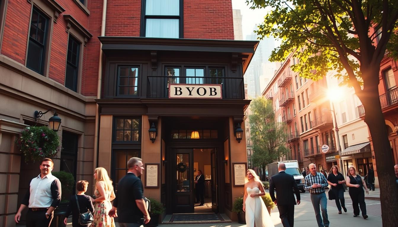 A picturesque street in a lively New York neighborhood, with charming brownstone buildings lining the sidewalks. In the foreground, a group of people gather outside a historic wedding venue, its inviting entryway adorned with a tasteful "BYOB" sign. The warm, afternoon sunlight casts a soft glow, creating a welcoming ambiance. Couples stroll by, admiring the elegant facades and considering the venue for their special day. The background features a mix of residential and commercial structures, hinting at the vibrant community that surrounds this popular BYOB wedding destination. A picturesque street in a lively New York neighborhood, with charming brownstone buildings lining the sidewalks. In the foreground, a group of people gather outside a historic wedding venue, its inviting entryway adorned with a tasteful "BYOB" sign. The warm, afternoon sunlight casts a soft glow, creating a welcoming ambiance. Couples stroll by, admiring the elegant facades and considering the venue for their special day. The background features a mix of residential and commercial structures, hinting at the vibrant community that surrounds this popular BYOB wedding destination.