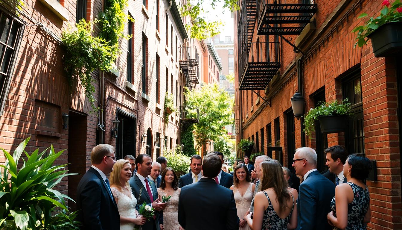 A quaint Brooklyn alleyway lined with charming brick buildings, their facades adorned with lush greenery and potted plants. Sunlight filters through the narrow passage, casting a warm, golden glow. In the foreground, a group of well-dressed wedding guests gather, their expressions animated as they share reviews and testimonials of the nearby venues. The scene evokes a sense of intimate celebration, with the historic architecture and lush urban setting providing a picturesque backdrop for the joyful conversations. A quaint Brooklyn alleyway lined with charming brick buildings, their facades adorned with lush greenery and potted plants. Sunlight filters through the narrow passage, casting a warm, golden glow. In the foreground, a group of well-dressed wedding guests gather, their expressions animated as they share reviews and testimonials of the nearby venues. The scene evokes a sense of intimate celebration, with the historic architecture and lush urban setting providing a picturesque backdrop for the joyful conversations.