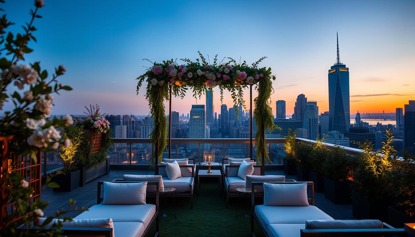 A rooftop garden oasis in the heart of New York City, with a panoramic view of the Manhattan skyline. In the foreground, a stylish wedding arch adorned with cascading greenery and delicate blooms, creating a lush, romantic atmosphere. The middle ground features rows of chic, modern lounge furniture, perfect for mingling and cocktails. The background showcases the iconic skyscrapers of the city, bathed in the golden glow of the setting sun. Warm, soft lighting illuminates the scene, casting a magical ambiance over the intimate gathering. The angle is slightly elevated, capturing the venue's elevated position and the breathtaking cityscape beyond. A rooftop garden oasis in the heart of New York City, with a panoramic view of the Manhattan skyline. In the foreground, a stylish wedding arch adorned with cascading greenery and delicate blooms, creating a lush, romantic atmosphere. The middle ground features rows of chic, modern lounge furniture, perfect for mingling and cocktails. The background showcases the iconic skyscrapers of the city, bathed in the golden glow of the setting sun. Warm, soft lighting illuminates the scene, casting a magical ambiance over the intimate gathering. The angle is slightly elevated, capturing the venue's elevated position and the breathtaking cityscape beyond.