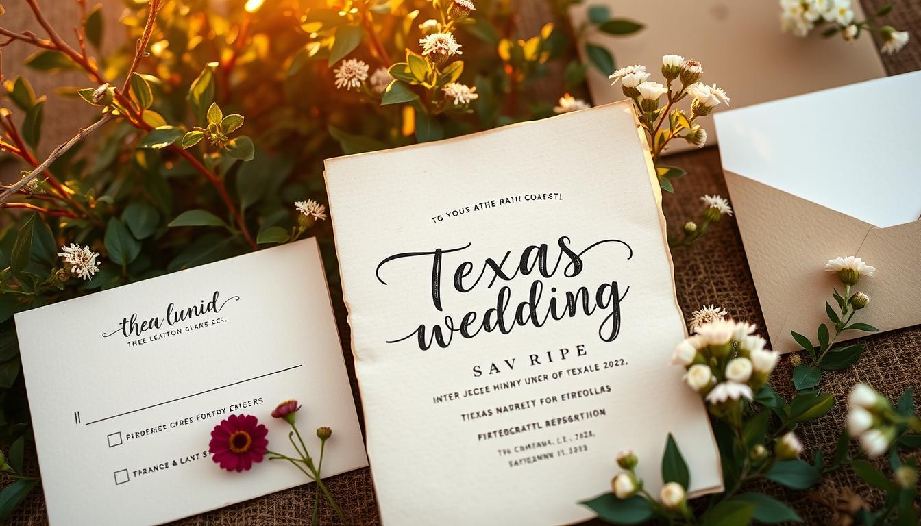 A rustic and charming Texas wedding invitation set, featuring a textured paper stock with a slight deckle edge. The design prominently displays a bold calligraphic script with a playful western-inspired flourish, set against a backdrop of lush green foliage and delicate wildflowers native to the region. Warm, golden lighting casts a soft, romantic glow, creating a sense of timeless elegance. The invitation is accompanied by matching RSVP cards and envelope liners, all adhering to a cohesive aesthetic that evokes the spirit of a quintessential Texas celebration. A rustic and charming Texas wedding invitation set, featuring a textured paper stock with a slight deckle edge. The design prominently displays a bold calligraphic script with a playful western-inspired flourish, set against a backdrop of lush green foliage and delicate wildflowers native to the region. Warm, golden lighting casts a soft, romantic glow, creating a sense of timeless elegance. The invitation is accompanied by matching RSVP cards and envelope liners, all adhering to a cohesive aesthetic that evokes the spirit of a quintessential Texas celebration.