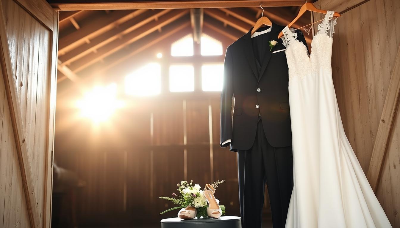 A rustic barn wedding in Tennessee, the sunlight streaming through the open doors, illuminating the elegant wedding attire on display. In the foreground, a lace-trimmed ivory gown hangs gracefully, its skirt flowing like a gentle river. Next to it, a well-tailored tuxedo in a deep charcoal hue, the crisp lines and shiny buttons reflecting the warm glow of the setting sun. In the middle ground, a pair of delicate satin high heels and a bouquet of wildflowers, a testament to the region's natural beauty. The background showcases the weathered wooden beams and exposed brickwork, creating a timeless, countryside ambiance that frames the stylish wedding ensemble. The overall scene evokes a sense of Southern charm and the enduring tradition of Tennessee nuptials. A rustic barn wedding in Tennessee, the sunlight streaming through the open doors, illuminating the elegant wedding attire on display. In the foreground, a lace-trimmed ivory gown hangs gracefully, its skirt flowing like a gentle river. Next to it, a well-tailored tuxedo in a deep charcoal hue, the crisp lines and shiny buttons reflecting the warm glow of the setting sun. In the middle ground, a pair of delicate satin high heels and a bouquet of wildflowers, a testament to the region's natural beauty. The background showcases the weathered wooden beams and exposed brickwork, creating a timeless, countryside ambiance that frames the stylish wedding ensemble. The overall scene evokes a sense of Southern charm and the enduring tradition of Tennessee nuptials.