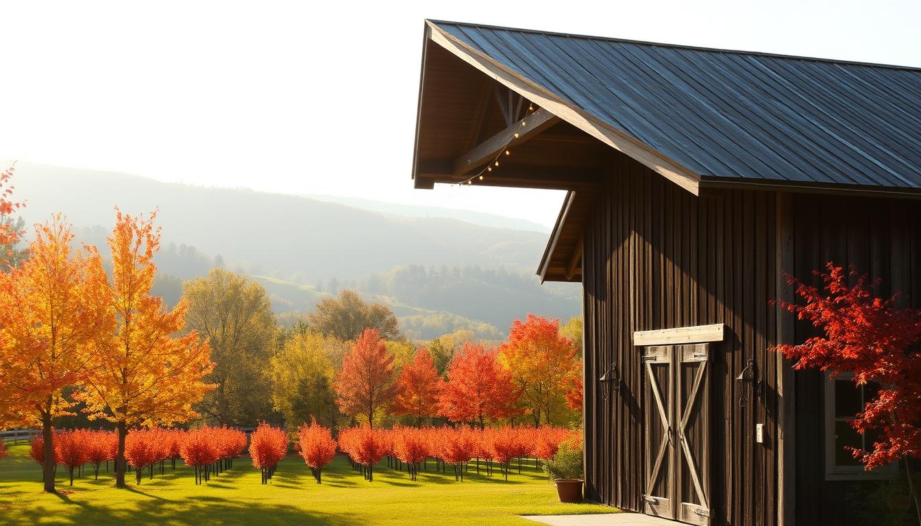 A rustic wedding venue nestled in the lush Hudson Valley countryside, bathed in the warm glow of autumn sunlight. A weathered wooden barn with a charming pitched roof stands in the foreground, its weathered facade and broad overhanging eaves exuding a timeless, pastoral elegance. In the middle ground, rows of vibrant orange and red maple trees sway gently, their leaves dancing in the crisp breeze. The background is framed by rolling green hills, their silhouettes hazy under a soft, diffused sky. Delicate string lights twinkle amidst the rafters, casting a cozy, intimate ambiance over the entire scene. This picturesque, natural setting evokes a sense of rustic romance, perfectly suited for a heartfelt fall wedding ceremony. A rustic wedding venue nestled in the lush Hudson Valley countryside, bathed in the warm glow of autumn sunlight. A weathered wooden barn with a charming pitched roof stands in the foreground, its weathered facade and broad overhanging eaves exuding a timeless, pastoral elegance. In the middle ground, rows of vibrant orange and red maple trees sway gently, their leaves dancing in the crisp breeze. The background is framed by rolling green hills, their silhouettes hazy under a soft, diffused sky. Delicate string lights twinkle amidst the rafters, casting a cozy, intimate ambiance over the entire scene. This picturesque, natural setting evokes a sense of rustic romance, perfectly suited for a heartfelt fall wedding ceremony.