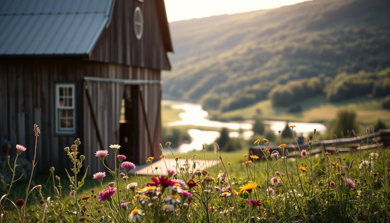 A rustic wedding venue nestled in the lush green hills of upstate New York. The weathered wooden barn stands proudly, its rough-hewn beams and tin roof casting warm, inviting shadows. Clusters of wildflowers bloom in the foreground, their vibrant hues complementing the earthy tones of the surrounding landscape. Soft, natural lighting filters through the open windows, casting a golden glow over the scene. In the distance, a rolling river winds its way through the picturesque countryside, adding a serene, tranquil ambiance. This idyllic setting evokes a sense of timeless elegance, perfectly capturing the essence of a heartfelt, intimate wedding celebration. A rustic wedding venue nestled in the lush green hills of upstate New York. The weathered wooden barn stands proudly, its rough-hewn beams and tin roof casting warm, inviting shadows. Clusters of wildflowers bloom in the foreground, their vibrant hues complementing the earthy tones of the surrounding landscape. Soft, natural lighting filters through the open windows, casting a golden glow over the scene. In the distance, a rolling river winds its way through the picturesque countryside, adding a serene, tranquil ambiance. This idyllic setting evokes a sense of timeless elegance, perfectly capturing the essence of a heartfelt, intimate wedding celebration.