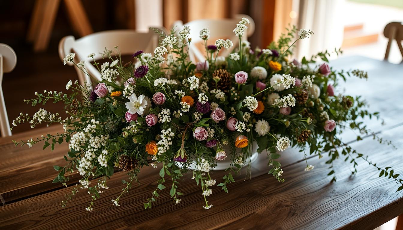 A rustic wooden table adorned with a lush centerpiece of wildflowers, earthy herbs, and textured foliage. The arrangement is casually styled, with sprigs of baby's breath and trailing vines spilling over the edges. Soft, warm lighting casts a gentle glow, creating a cozy, intimate atmosphere. The overall look is effortlessly elegant, reflecting the natural charm of a barn wedding setting. Minimal decorations allow the beauty of the materials to shine, evoking a sense of organic, handcrafted sophistication. A rustic wooden table adorned with a lush centerpiece of wildflowers, earthy herbs, and textured foliage. The arrangement is casually styled, with sprigs of baby's breath and trailing vines spilling over the edges. Soft, warm lighting casts a gentle glow, creating a cozy, intimate atmosphere. The overall look is effortlessly elegant, reflecting the natural charm of a barn wedding setting. Minimal decorations allow the beauty of the materials to shine, evoking a sense of organic, handcrafted sophistication.