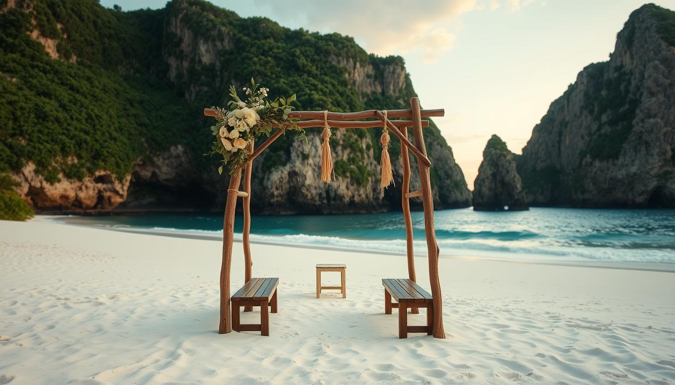 A secluded cove on a private beach, soft white sand and gentle waves lapping the shore. In the foreground, a rustic wooden arch adorned with delicate flowers, creating an intimate setting for a small wedding ceremony. The mid-ground features a handful of wooden benches and a simple, elegant aisle leading to the arch. In the background, towering cliffs with lush greenery provide a natural backdrop, bathed in the warm glow of a sunset. The scene is illuminated by soft, diffused lighting, creating a romantic, serene atmosphere perfect for an intimate beach wedding. A secluded cove on a private beach, soft white sand and gentle waves lapping the shore. In the foreground, a rustic wooden arch adorned with delicate flowers, creating an intimate setting for a small wedding ceremony. The mid-ground features a handful of wooden benches and a simple, elegant aisle leading to the arch. In the background, towering cliffs with lush greenery provide a natural backdrop, bathed in the warm glow of a sunset. The scene is illuminated by soft, diffused lighting, creating a romantic, serene atmosphere perfect for an intimate beach wedding.